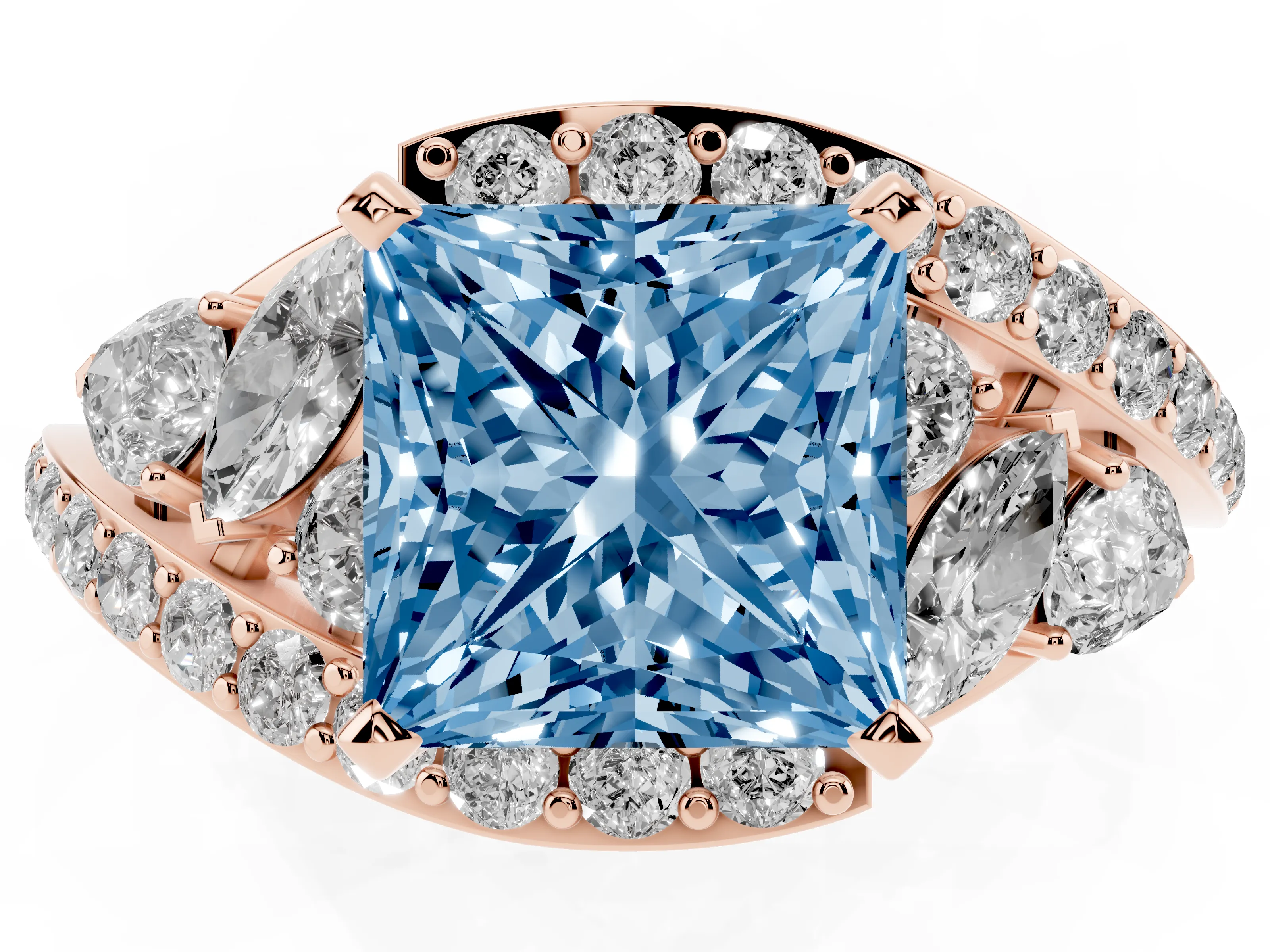 Fancy Blue Princess Cut Diamond Halo Ring Set in Rose gold with Marquise and Pavé Band in Prong Setting