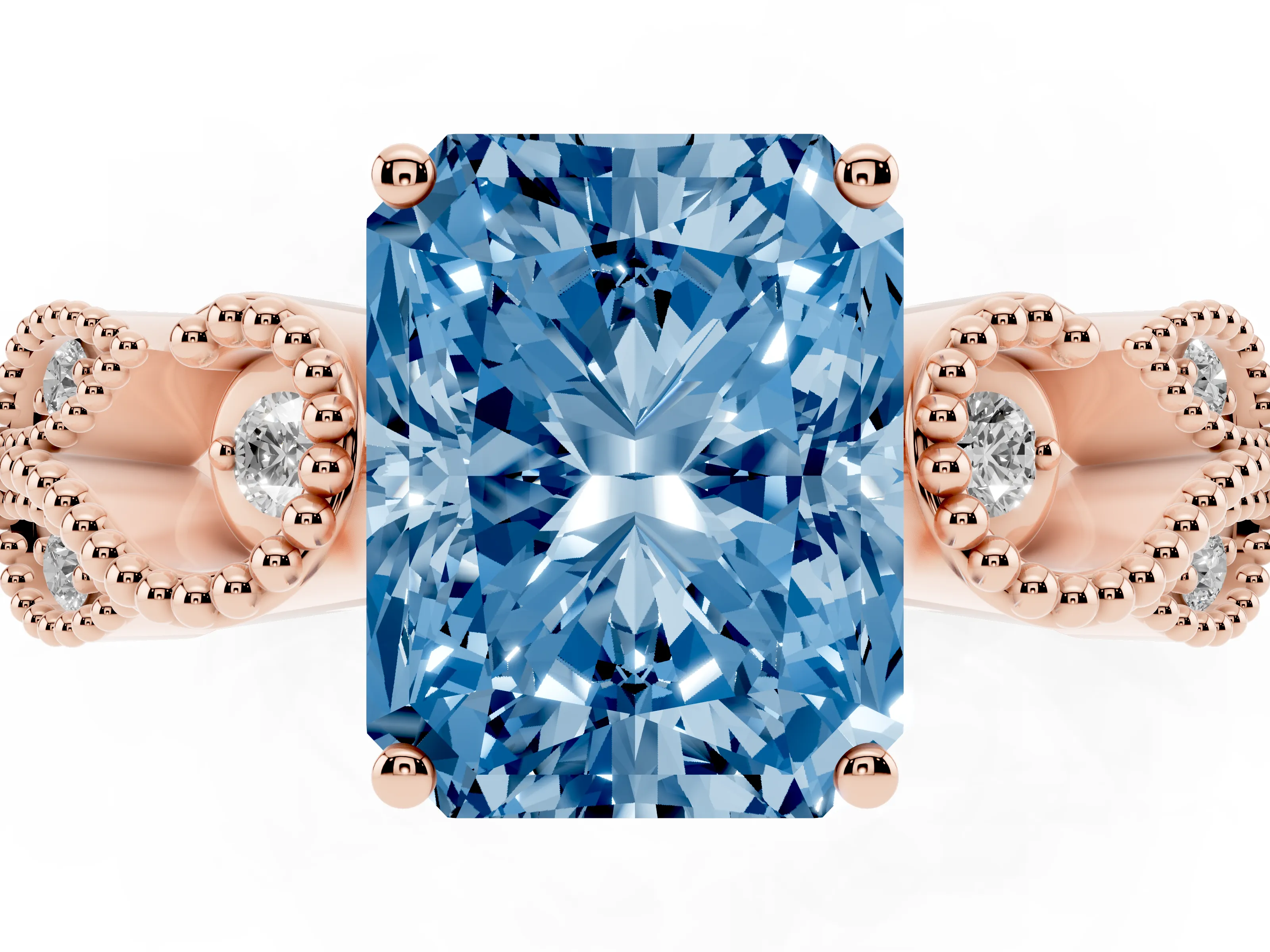 Fancy Blue Princess Cut Diamond Milgrain Leaf Band Solitaire Ring Set in Rose gold with Accent Stones and Prong Setting