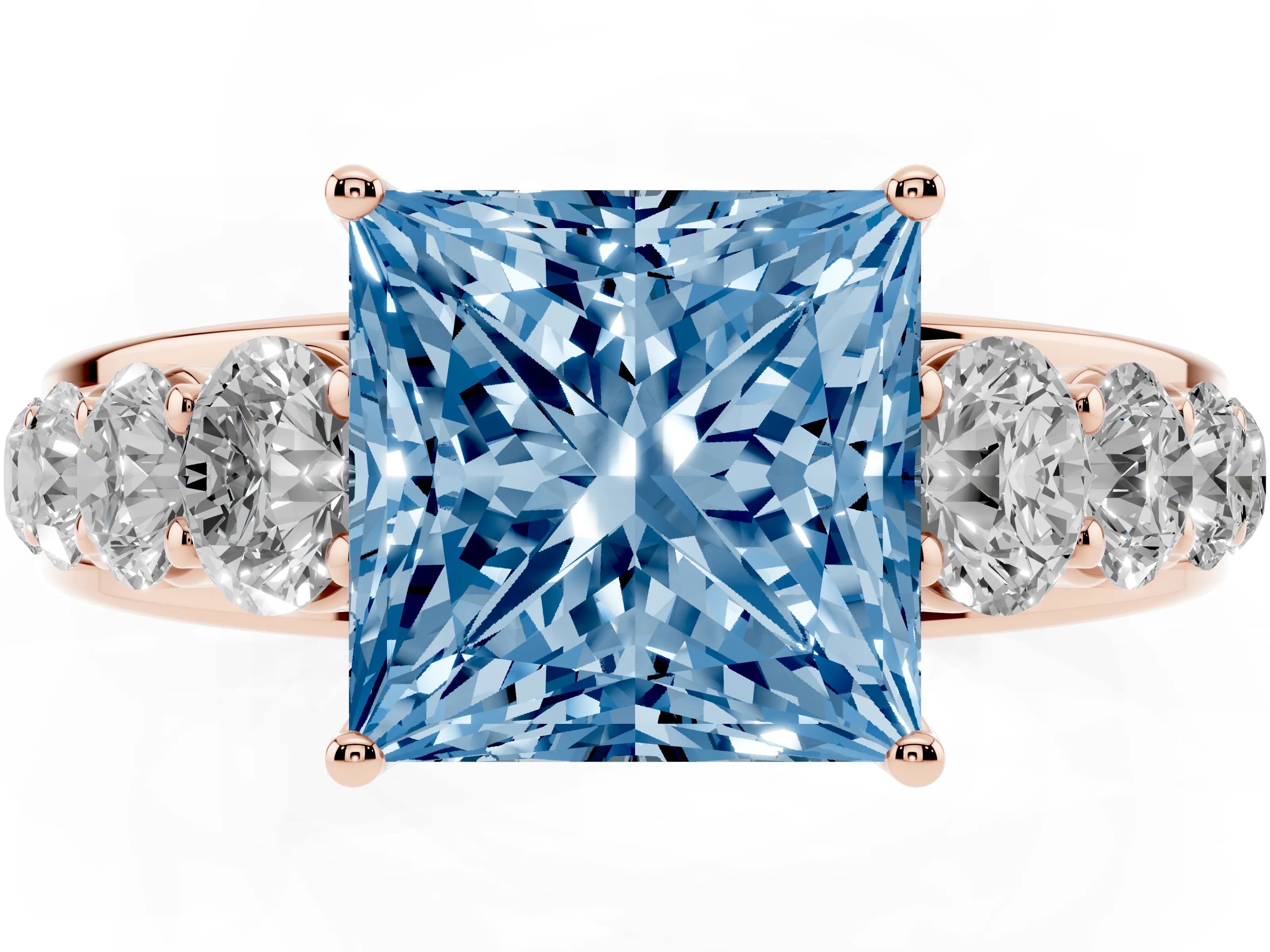 Fancy Blue Princess Cut Diamond Solitaire Ring Set in Rose gold with Pavé-Set Band and Prong Setting