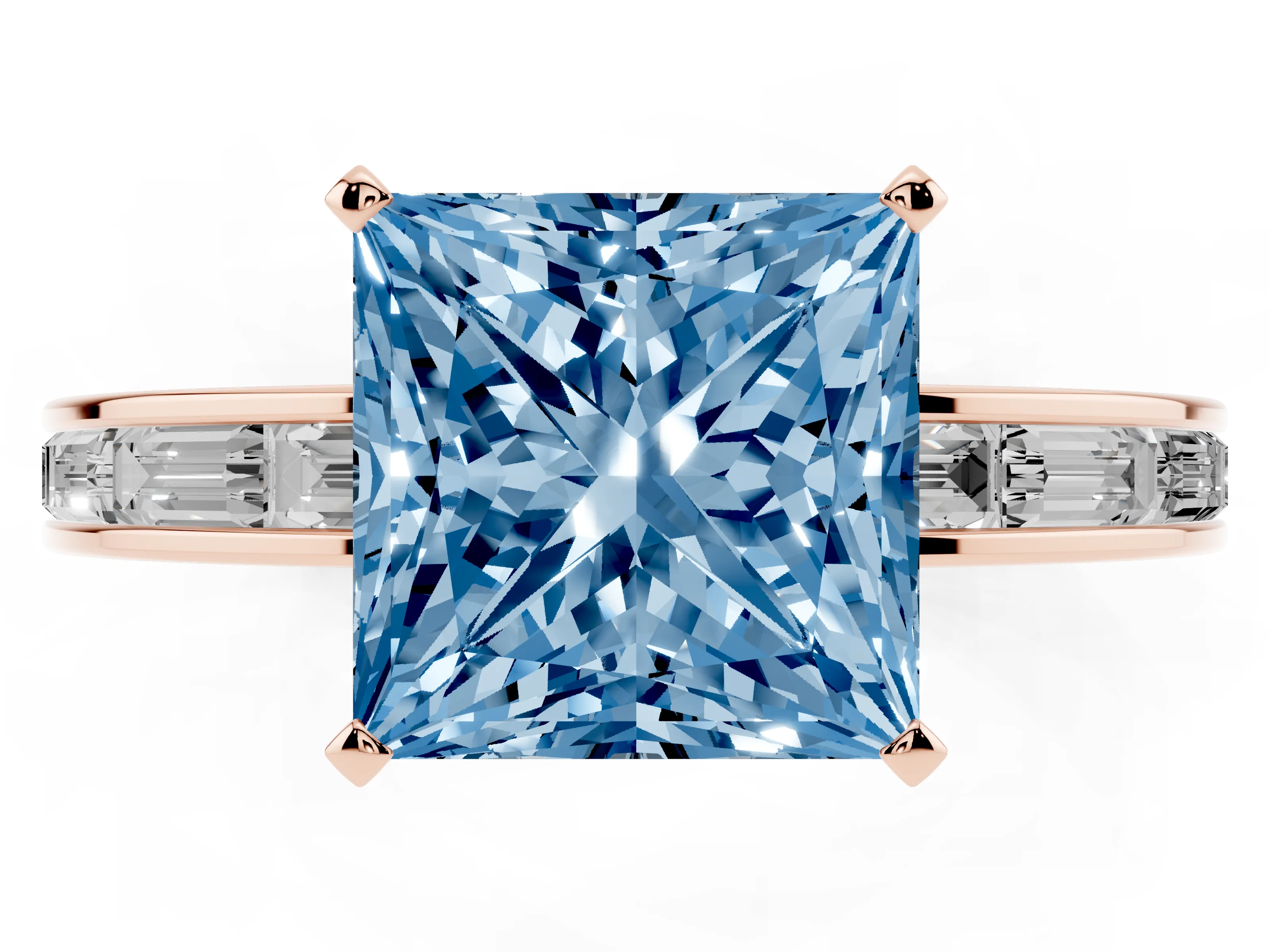 Fancy Blue Princess Cut Diamond Solitaire Ring Set in Rose gold with Channel-Set Baguette Band and Prong Setting