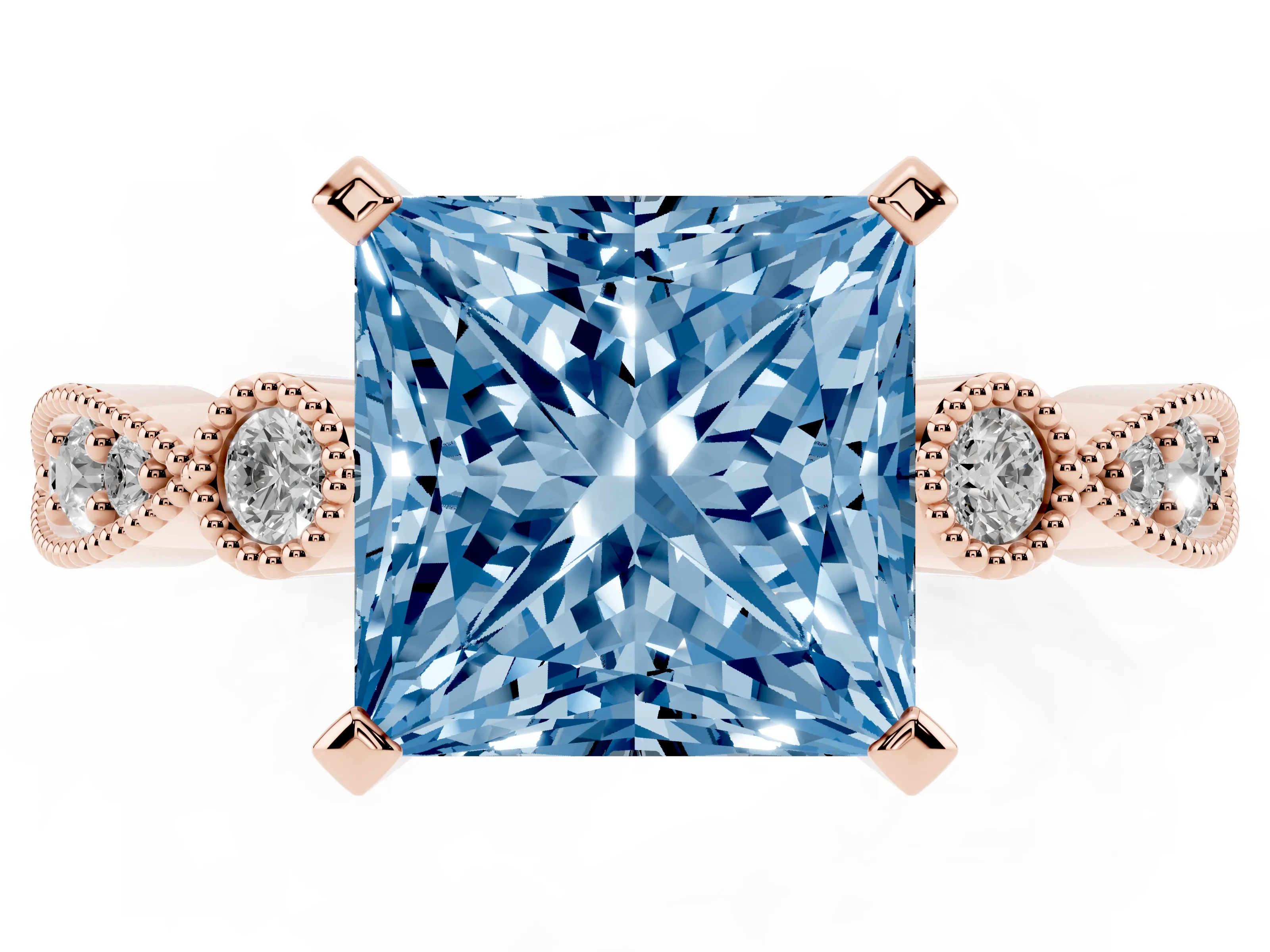 Fancy Blue Princess Cut Diamond Solitaire Engagement Ring Set in Rose gold with Milgrain Bezel Accent Band