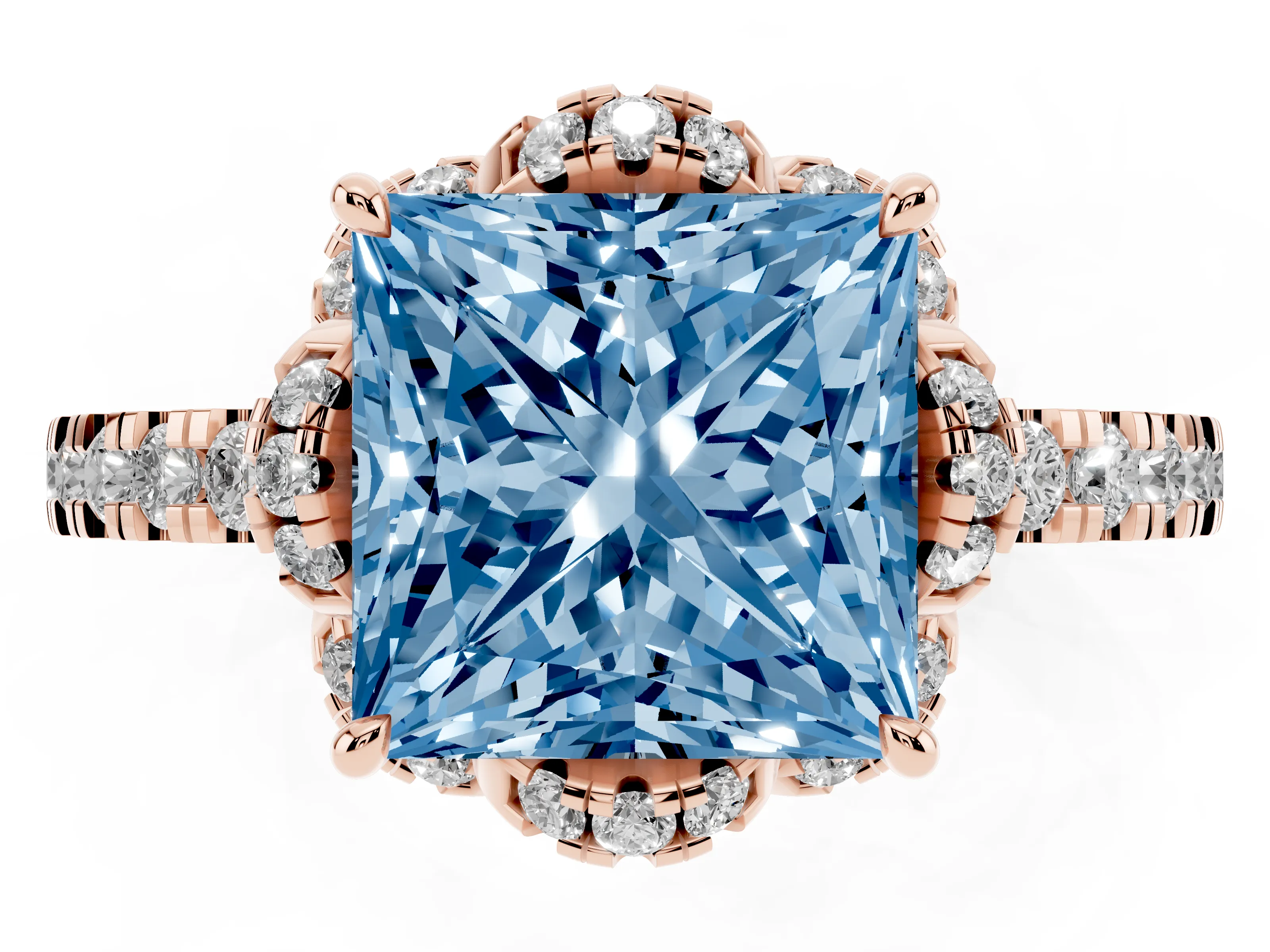 Fancy Blue Princess Cut Diamond Halo Pavé Band Ring Set in Rose gold with Prong-Held Center