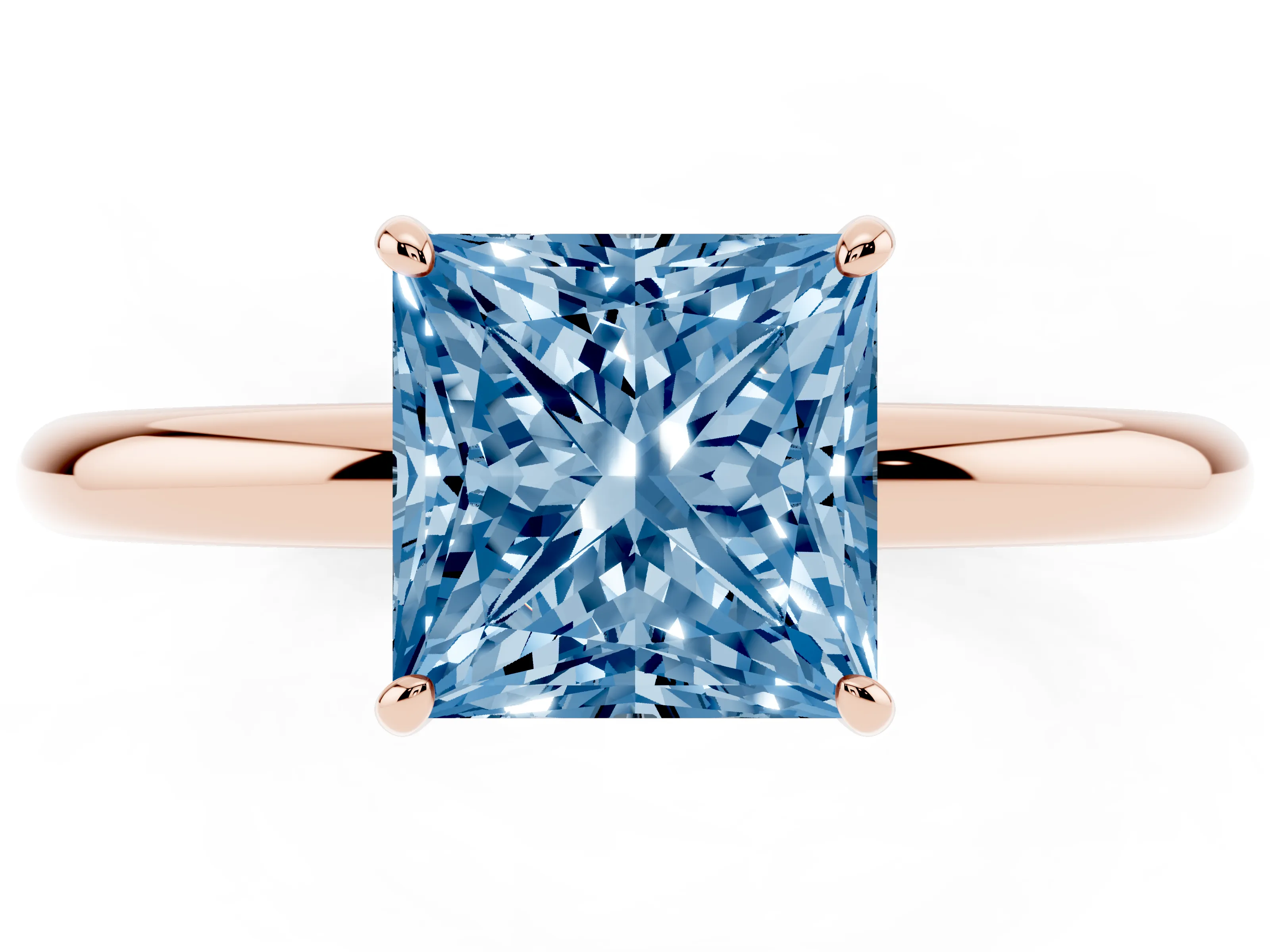 Fancy Blue Princess Cut Diamond Solitaire Ring Set in Rose gold with Prong Setting on a Polished Plain Band