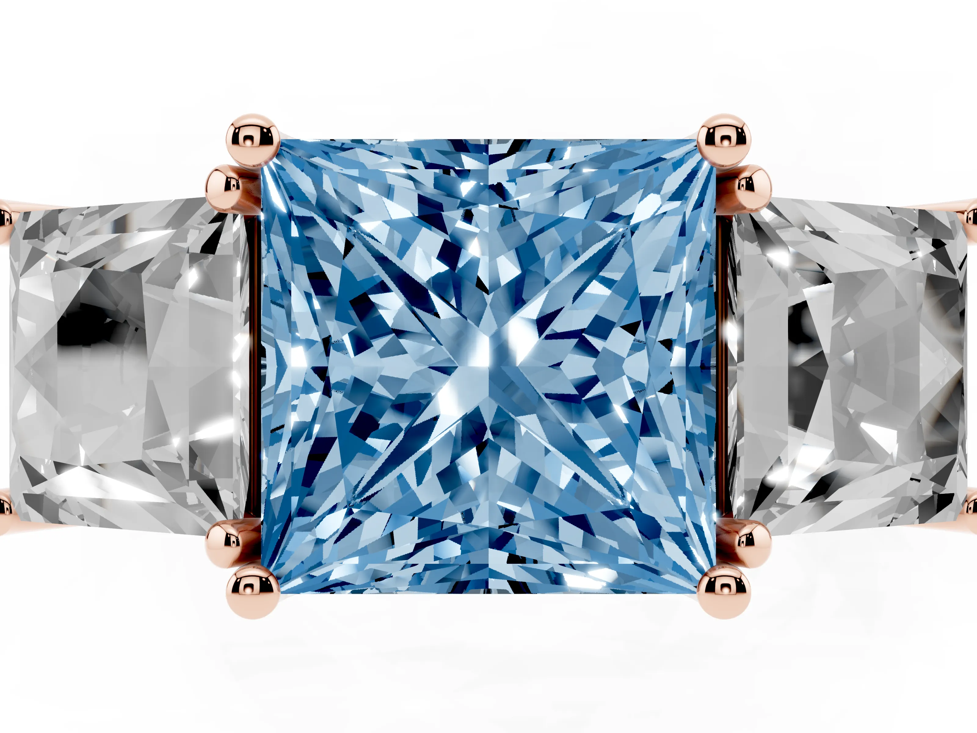 Fancy Blue Princess Cut Diamond Three-Stone Ring Set in Rose gold with Pavé Band