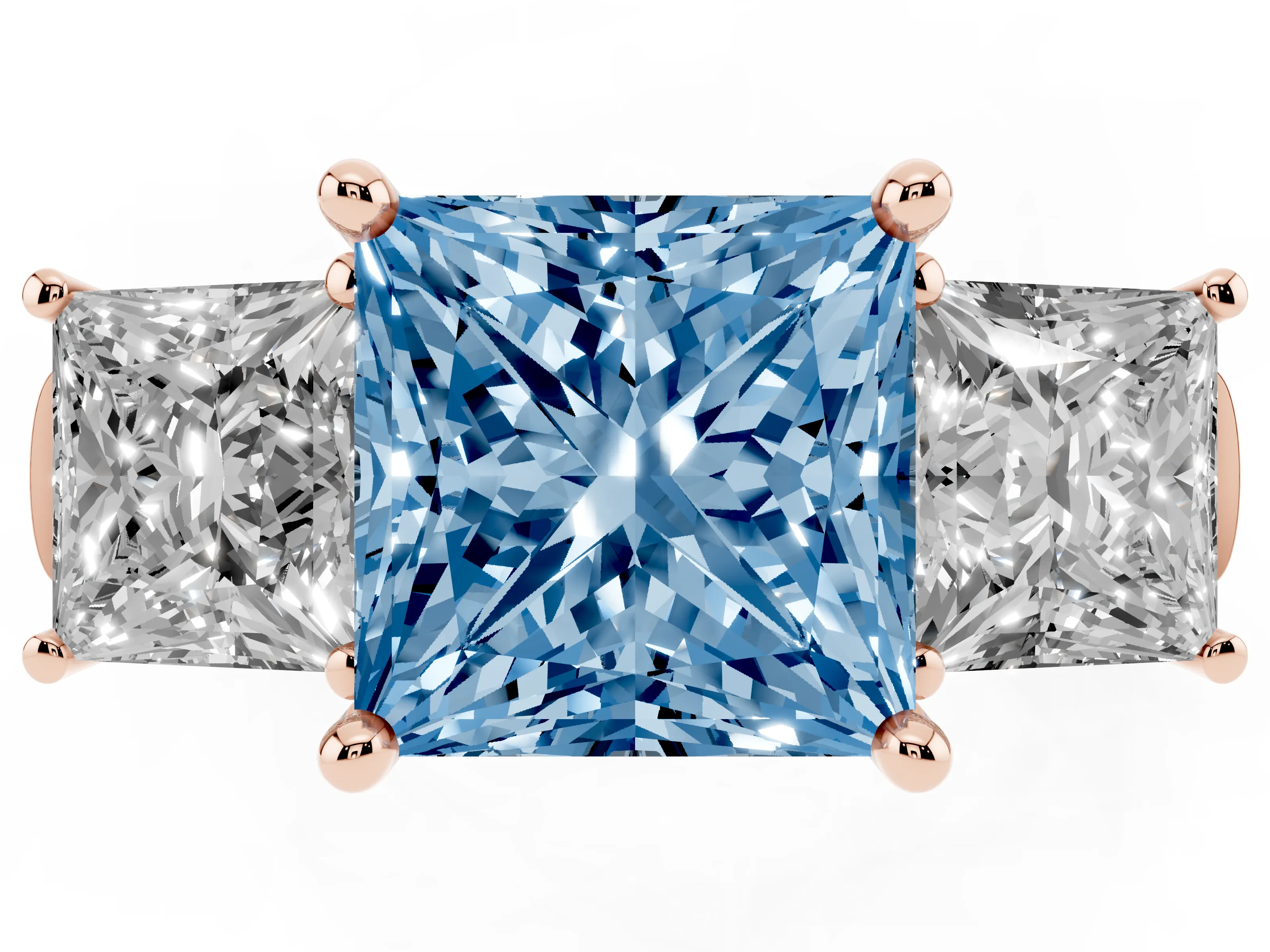 Fancy Blue Princess Cut Diamond Three-Stone Trellis Ring Set in Rose gold with Comfort Fit Band