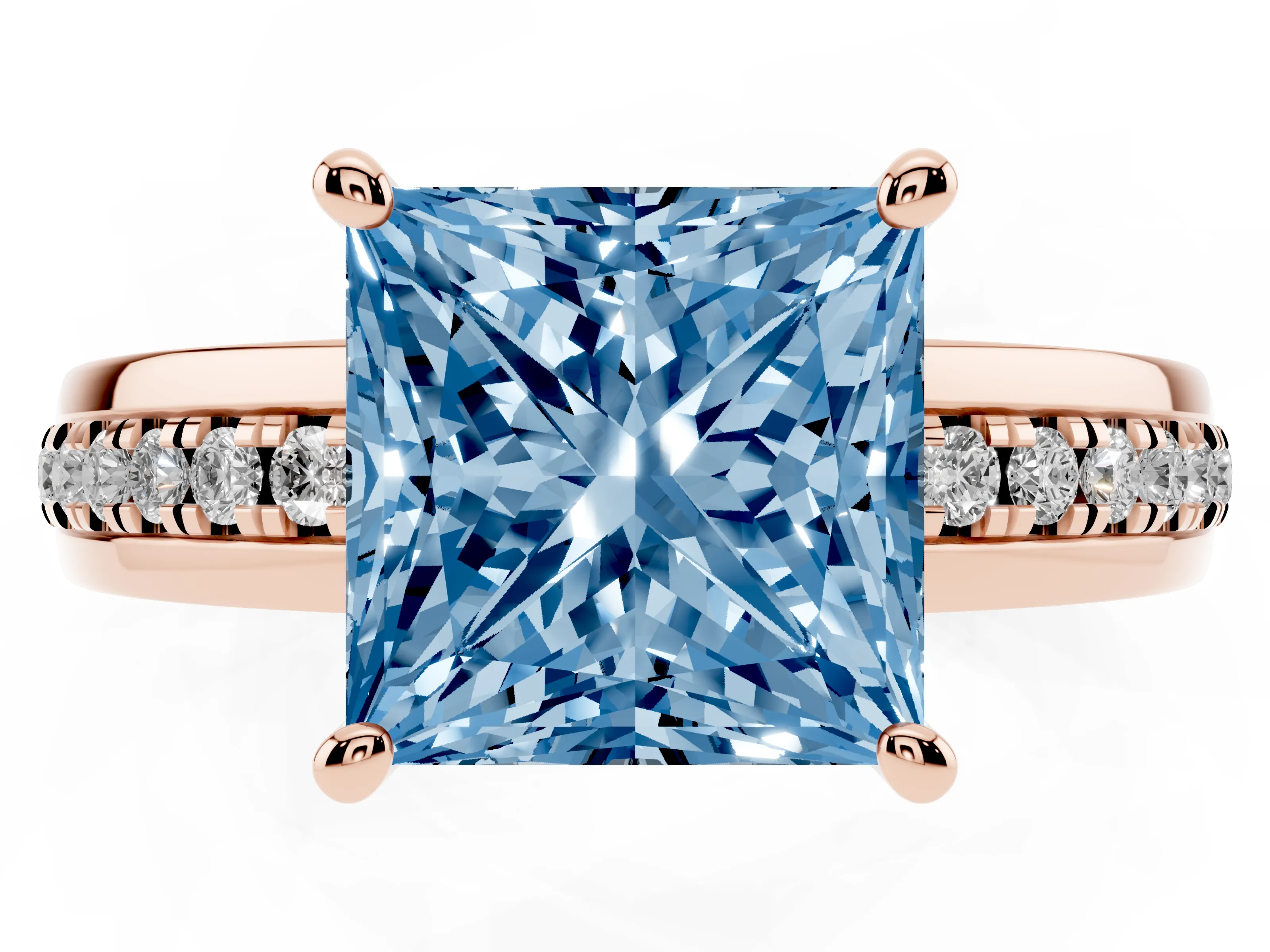 Fancy Blue Princess Cut Diamond Solitaire Ring Set in Rose gold with Channel Set Band and Prong Setting