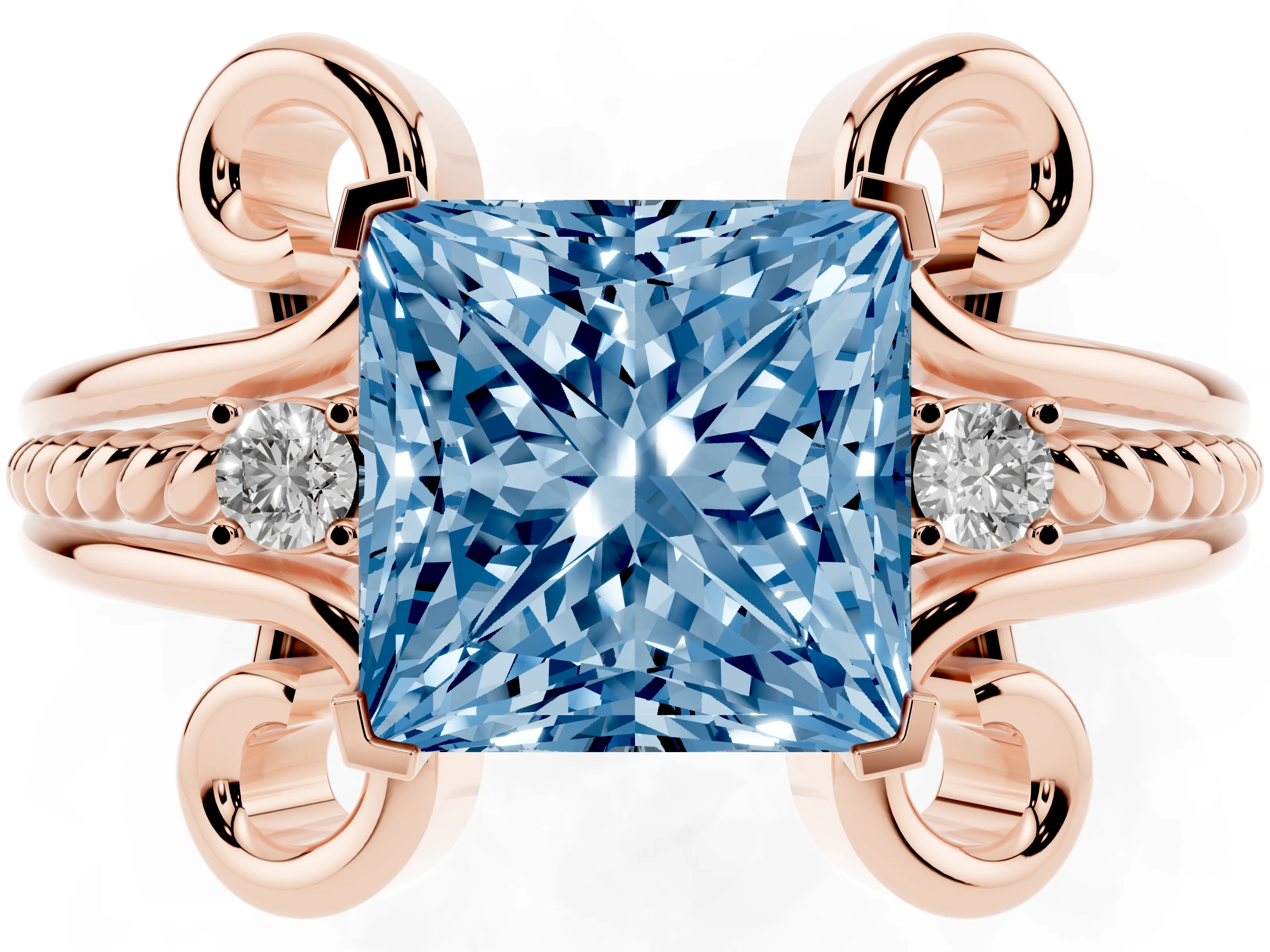 Fancy Blue Princess Cut Diamond Twisted Band Solitaire Ring Set in Rose gold with Scroll Prongs