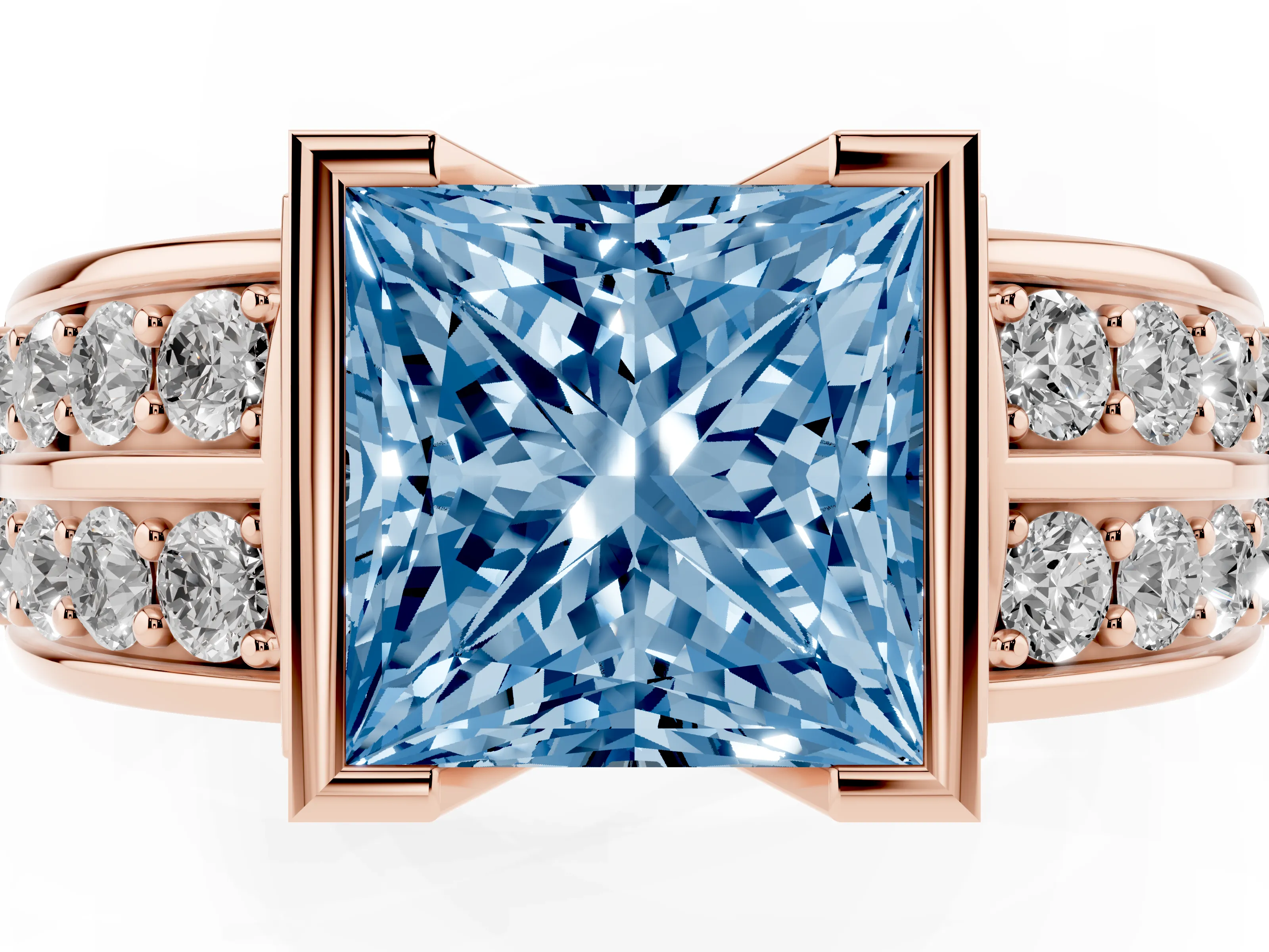 Fancy Blue Princess Cut Diamond Wide Channel Set Band Ring Set in Rose gold with Bezel Setting