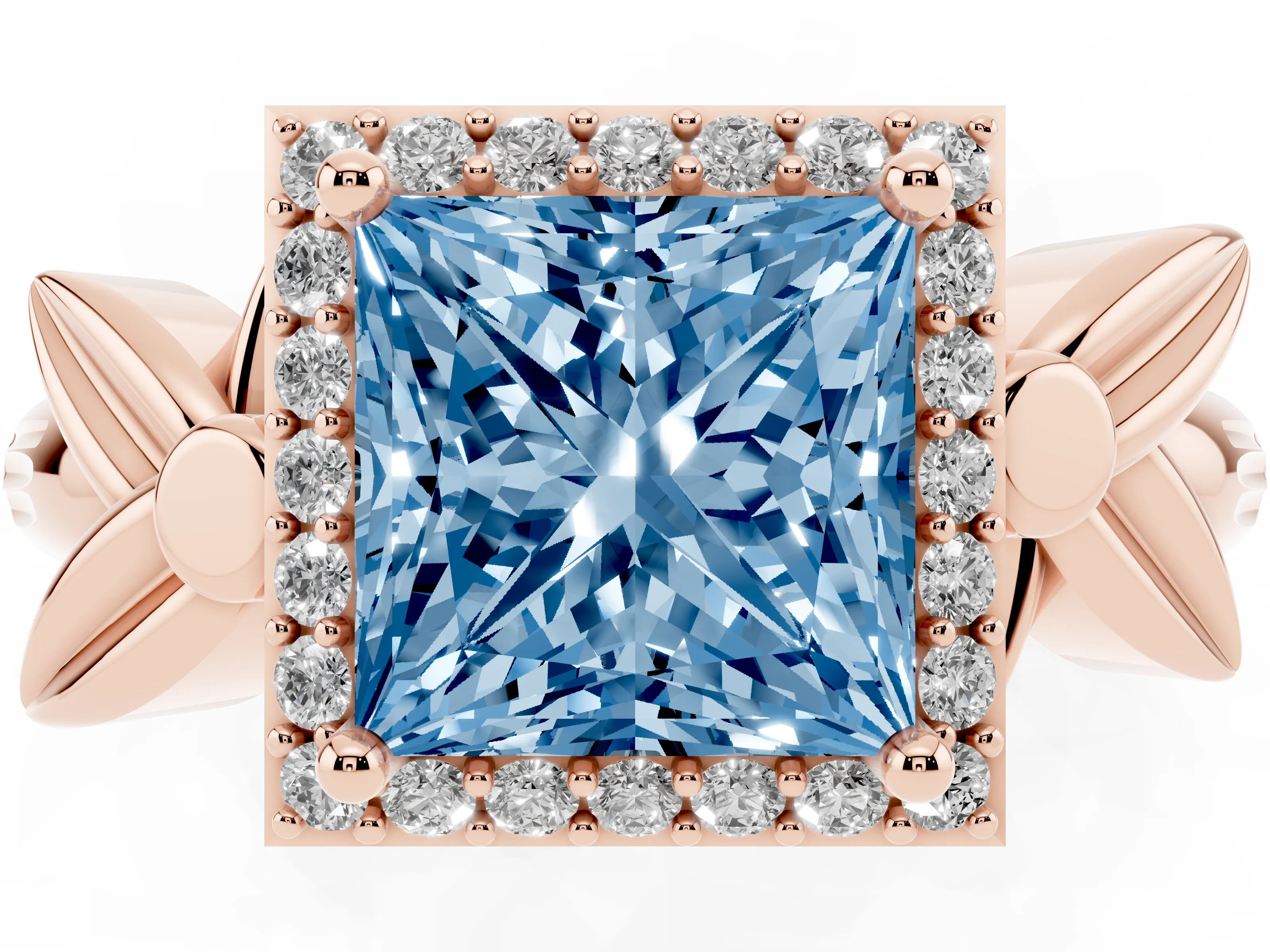 Fancy Blue Princess Cut Diamond Halo Floral Band Ring Set in Rose gold with Prong Setting