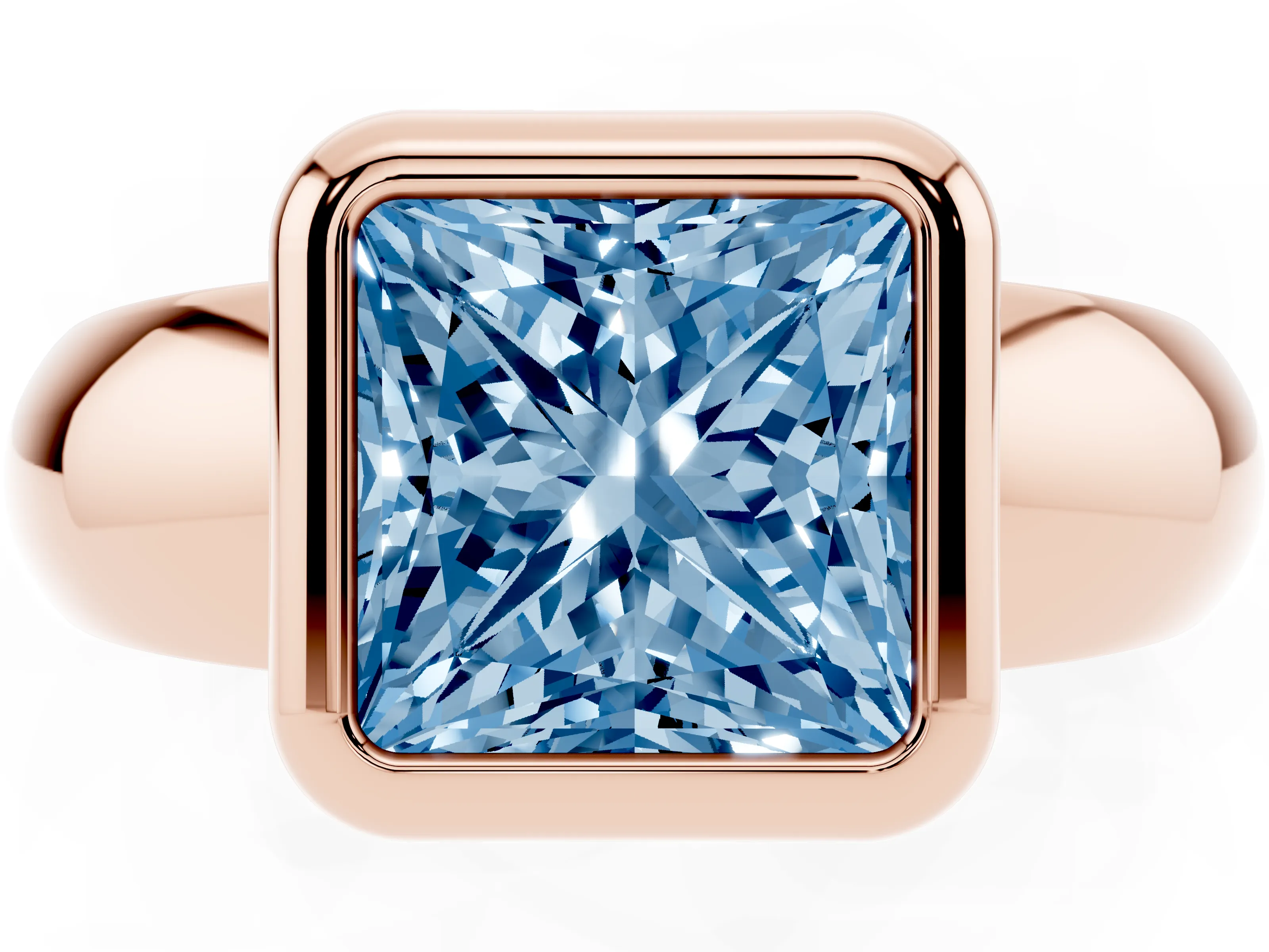 Fancy Blue Bezel Set Princess Cut Diamond Solitaire Ring Set in Rose gold with Wide Band