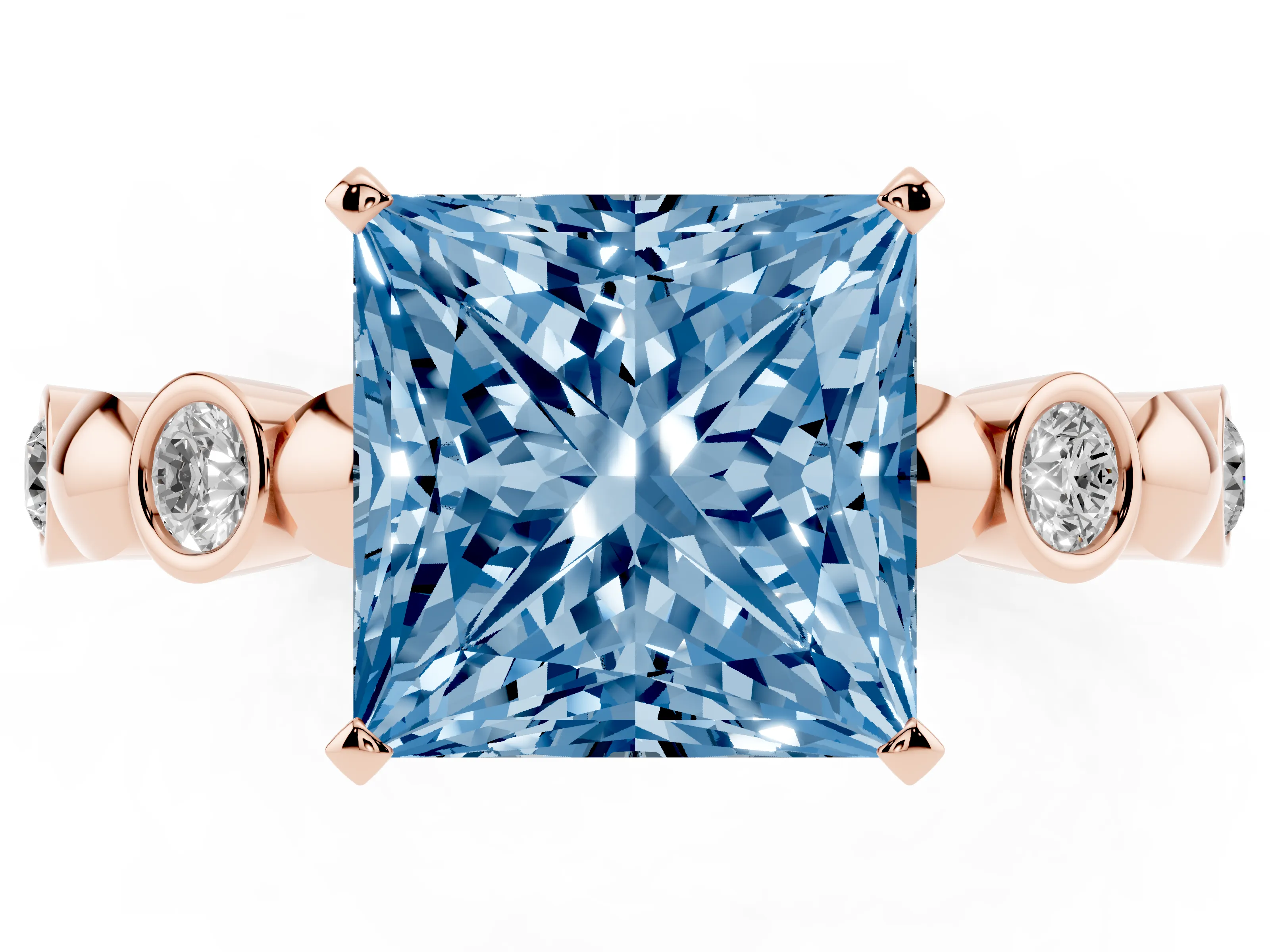Fancy Blue Princess Cut Diamond Solitaire Ring Set in Rose gold with Bezel-Set Accents on Beaded Band and Prong Setting