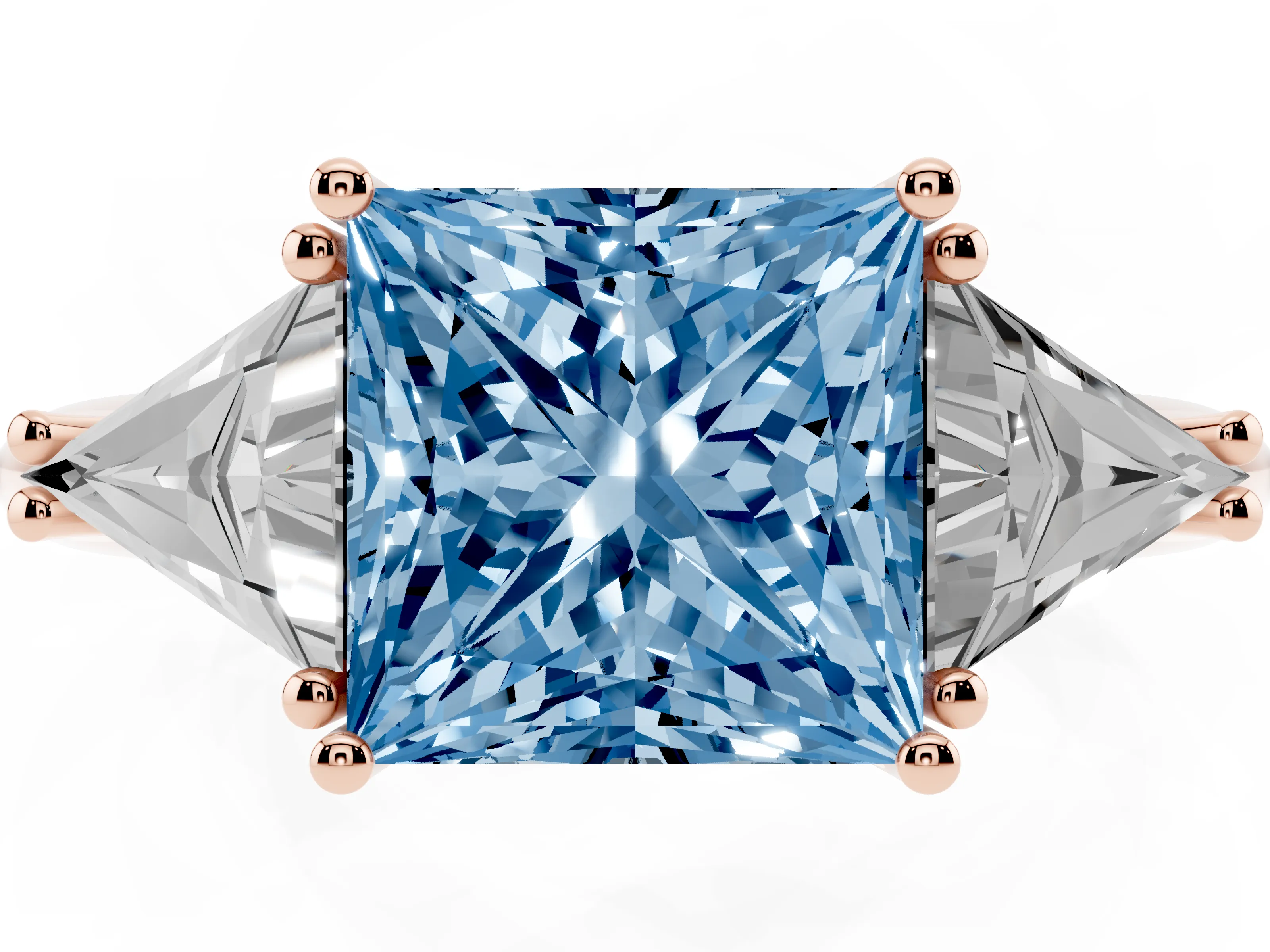 Fancy Blue Princess Cut Diamond Three-Stone Engagement Ring Set in Rose gold with Trillion Side Stones