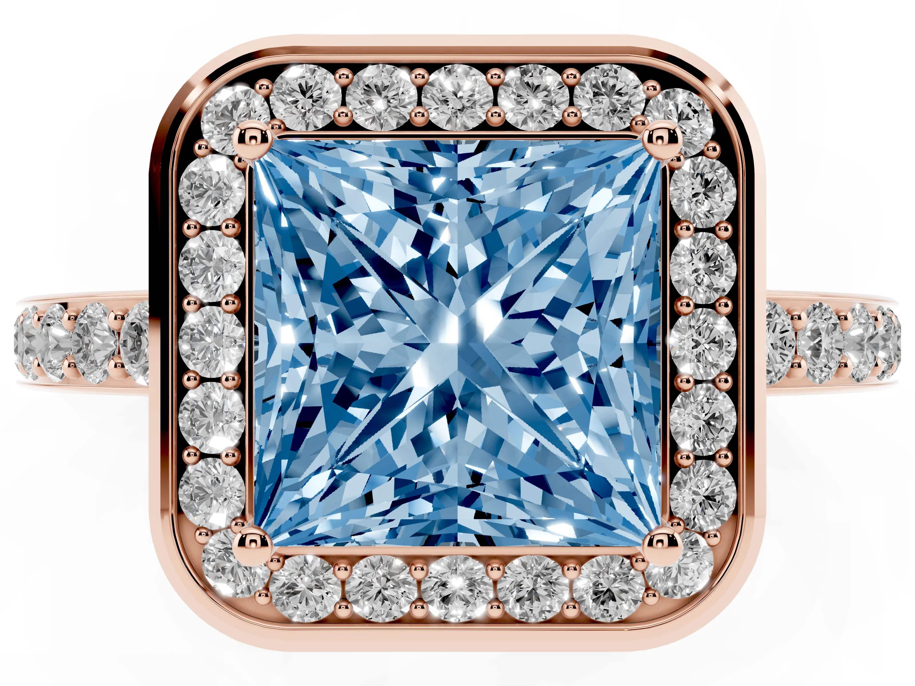 Fancy Blue Princess Cut Diamond Halo Ring Set in Rose gold with Bezel Frame and Pavé Band