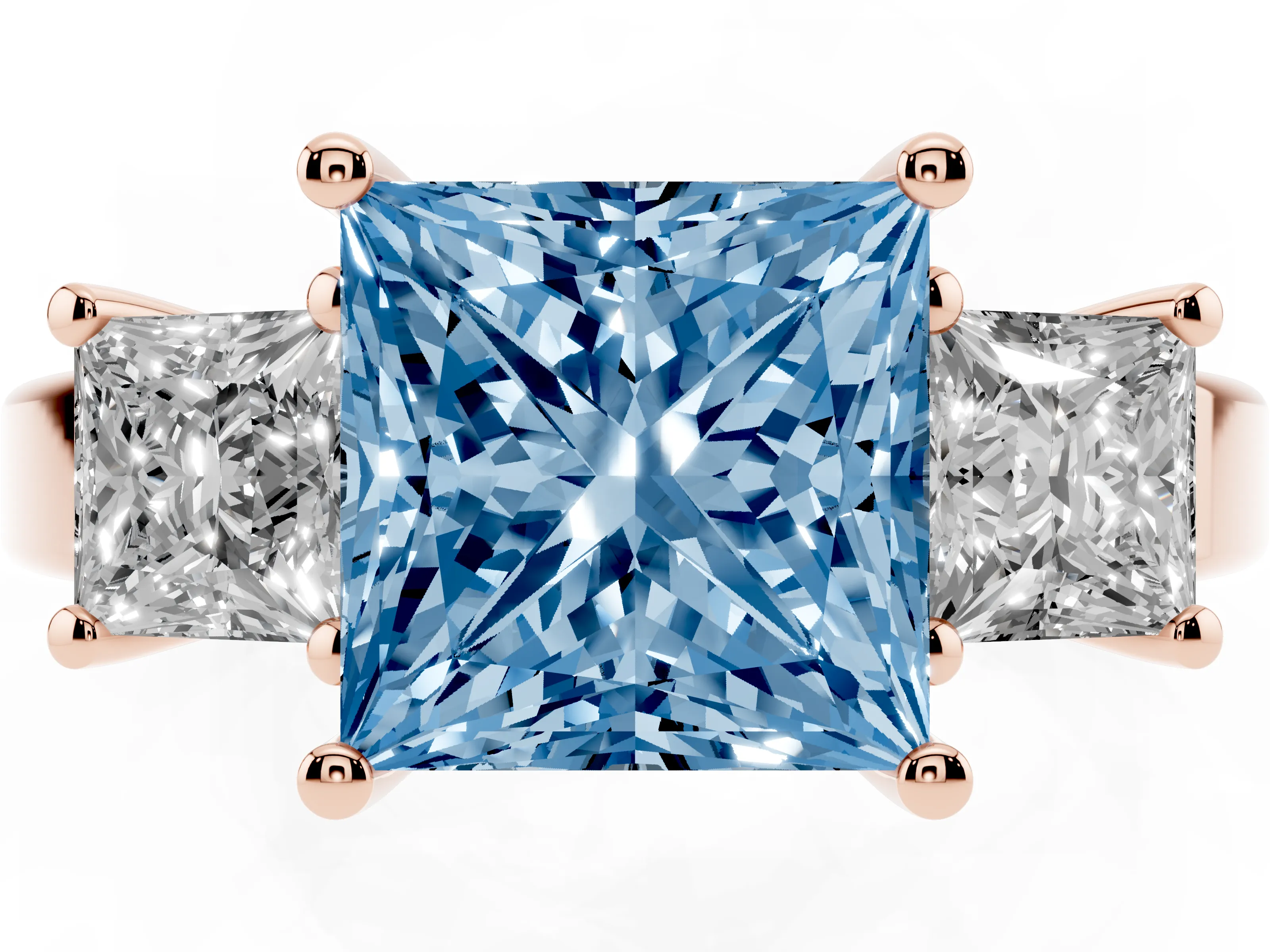 Fancy Blue Three-Stone Princess Cut Diamond Solitaire Ring Set in Rose gold with Prong Setting
