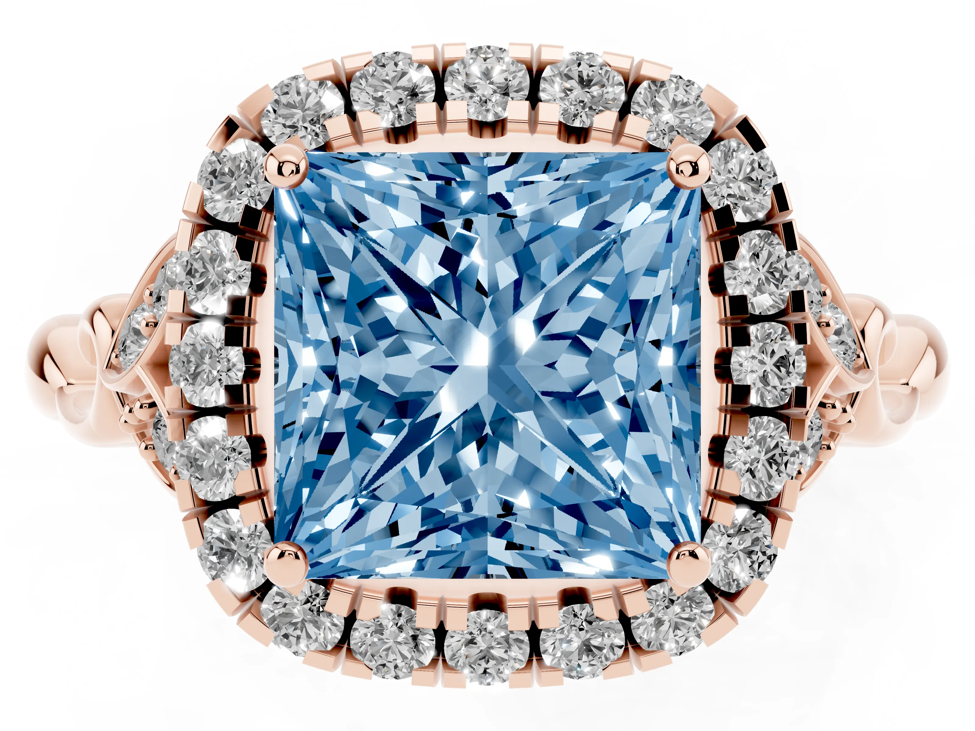 Fancy Blue Princess Cut Diamond Halo Engagement Ring Set in Rose gold with Vintage-Inspired Band and Prong Setting