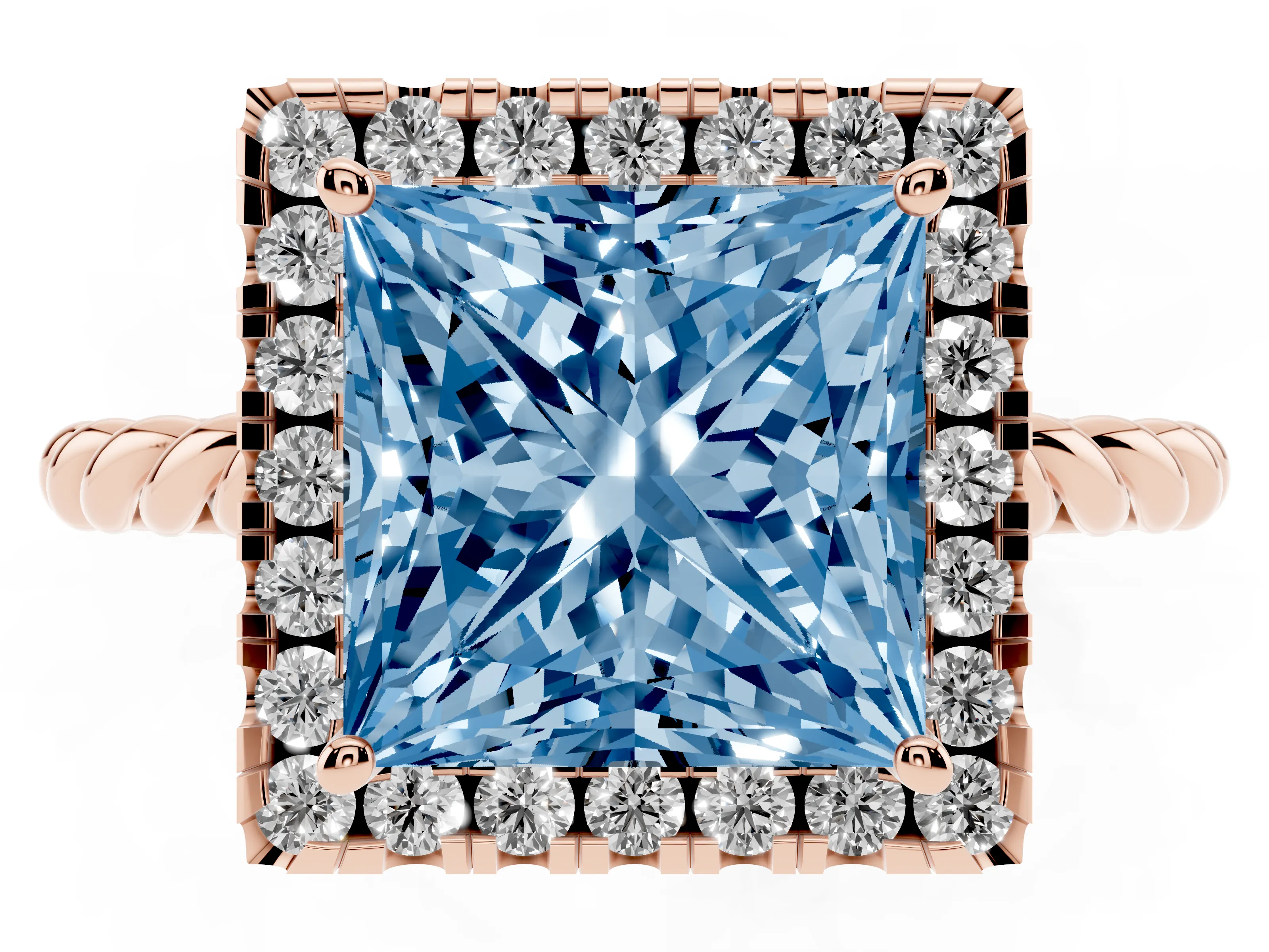 Fancy Blue Princess Cut Diamond Halo Ring Set in Rose gold with Plain Twisted Band