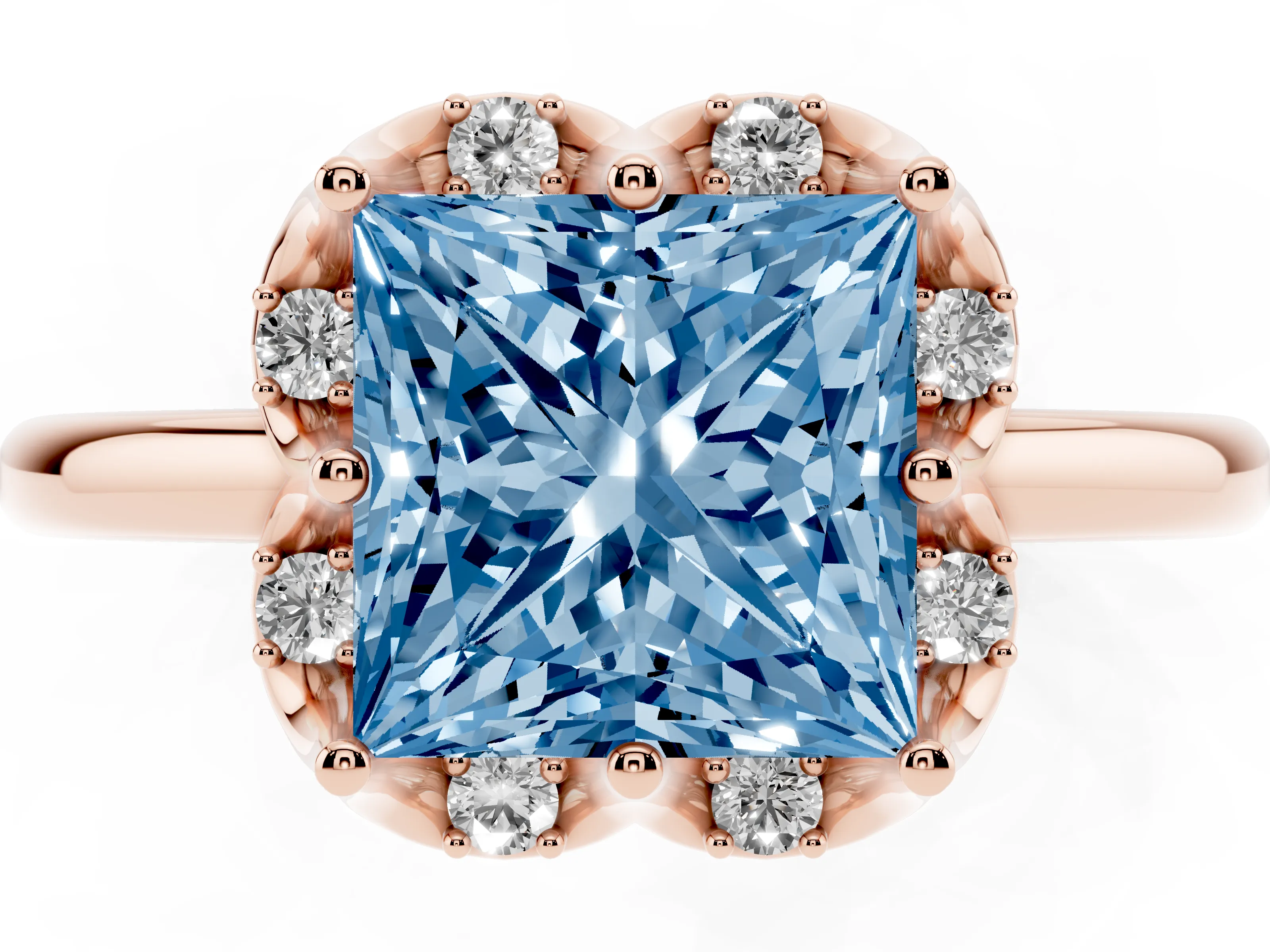 Fancy Blue Princess Cut Diamond Round Cluster Halo Ring Set in Rose gold with Solitaire Band and Prong Setting