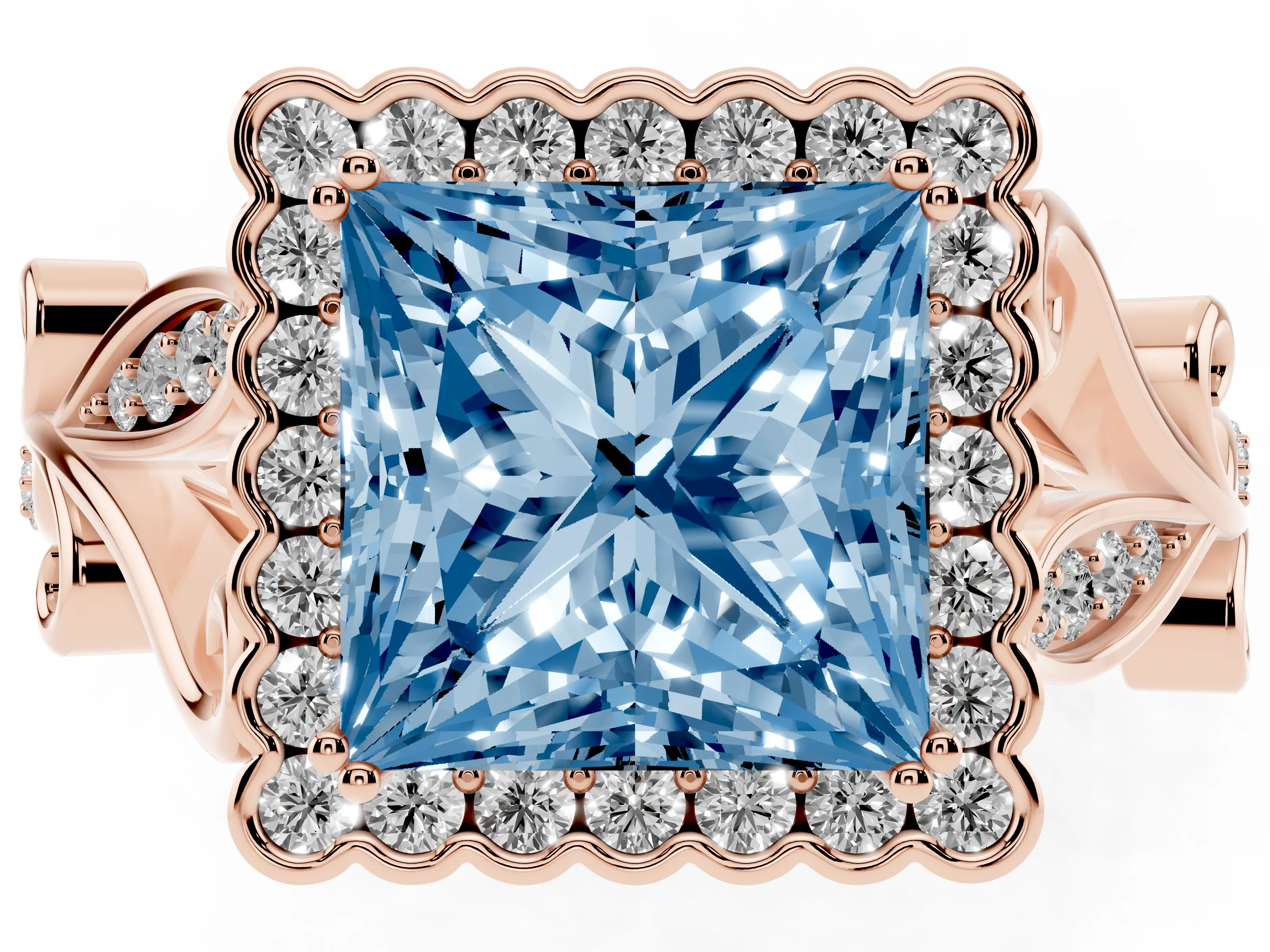 Fancy Blue Princess Cut Diamond Halo Ring Set in Rose gold with Leaf Motif Split Shank and Prong Setting