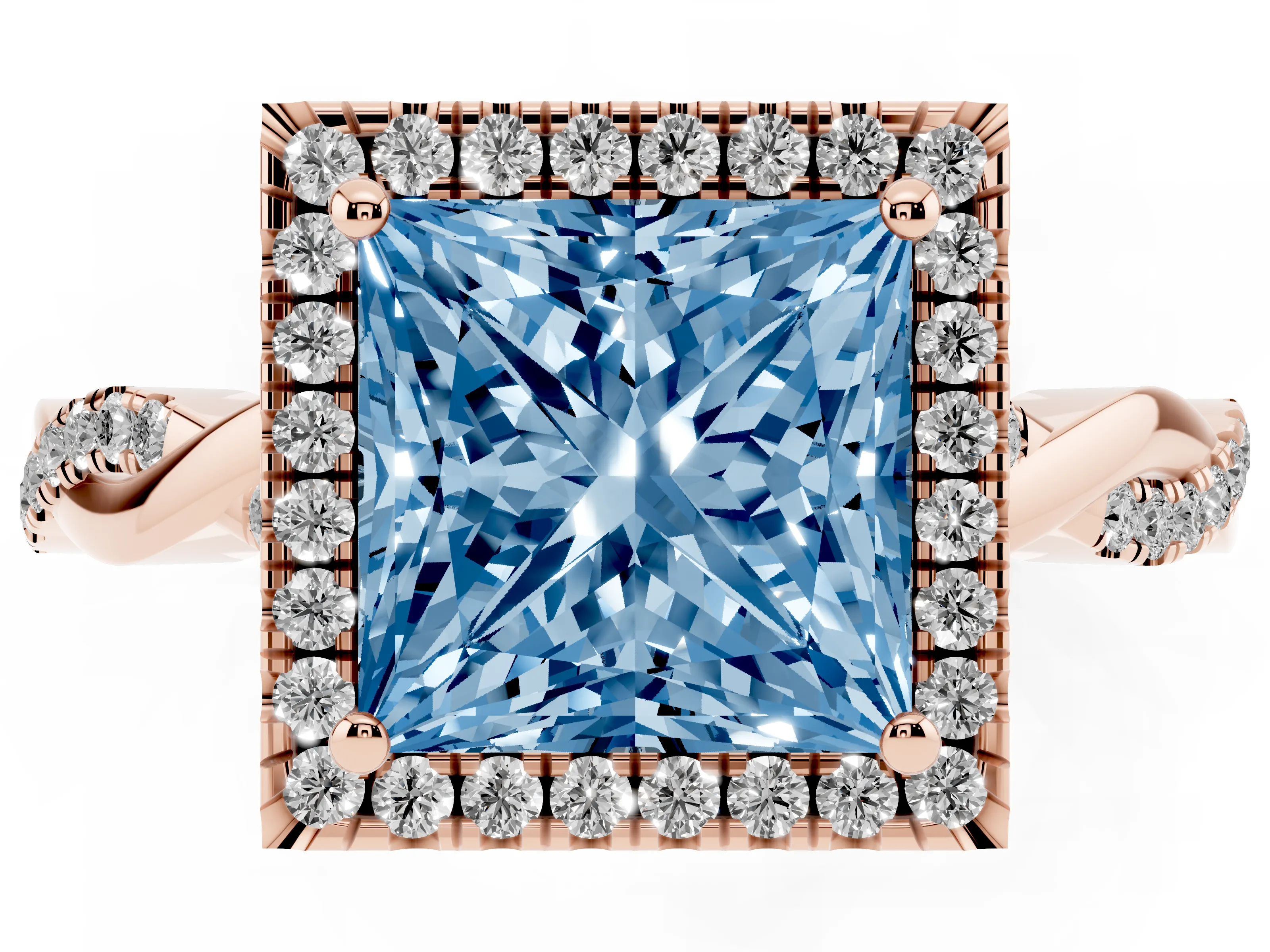 Fancy Blue Princess Cut Diamond Halo Twisted Band Ring Set in Rose gold with Prong Setting