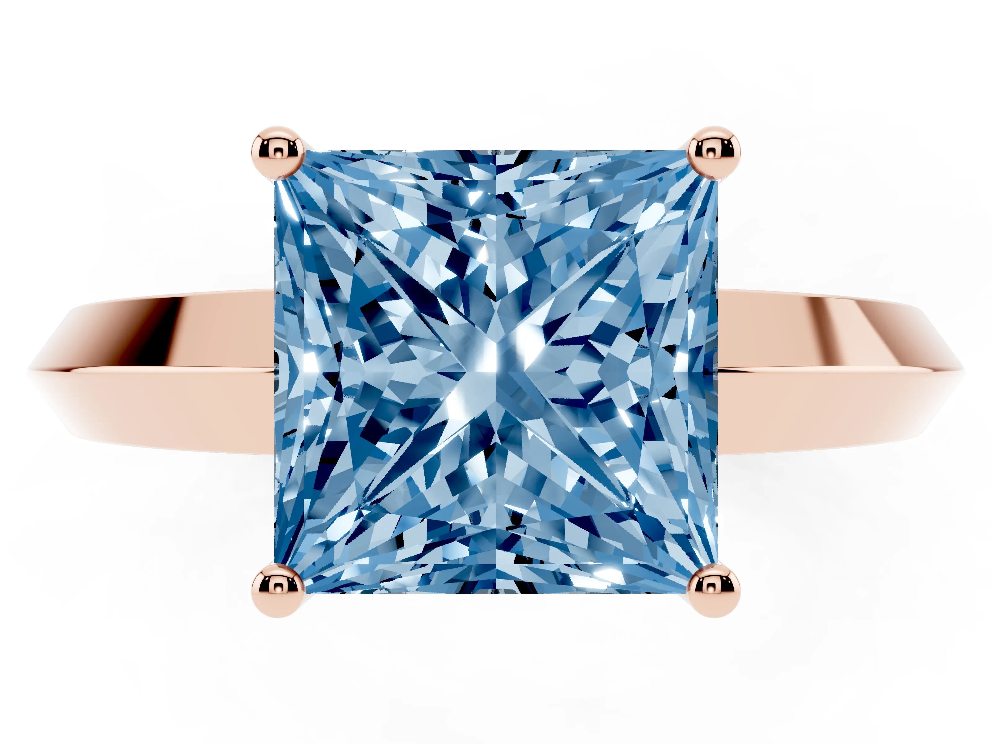 Fancy Blue Princess Cut Diamond Solitaire Engagement Ring Set in Rose gold with Flat Band and Prong Setting