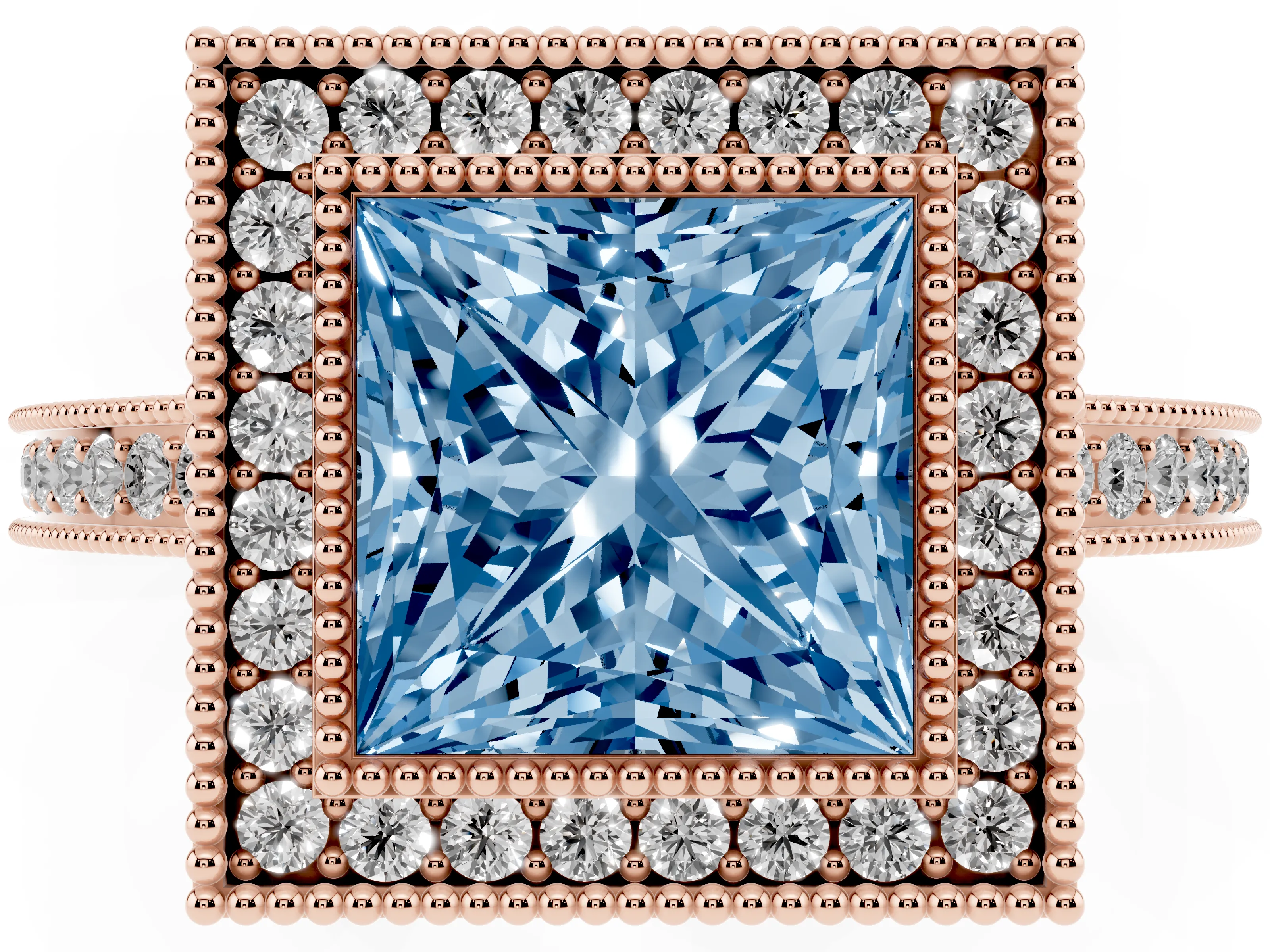 Fancy Blue Princess Cut Diamond Halo Ring Set in Rose gold with Pavé Band and Milgrain-Edged Prongs