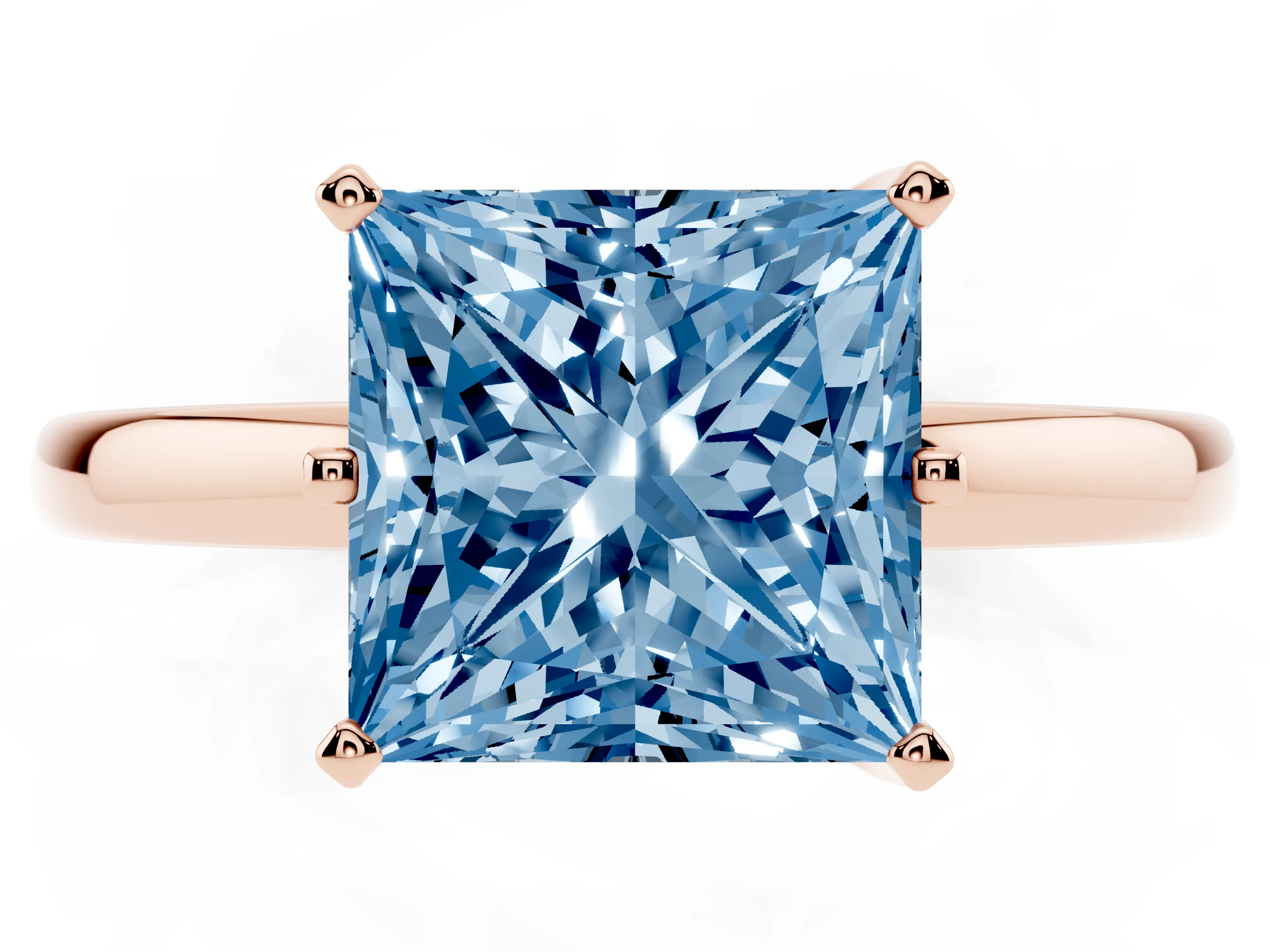 Fancy Blue Princess Cut Diamond Solitaire Ring Set in Rose gold with Raised Prong Setting on a Classic Band