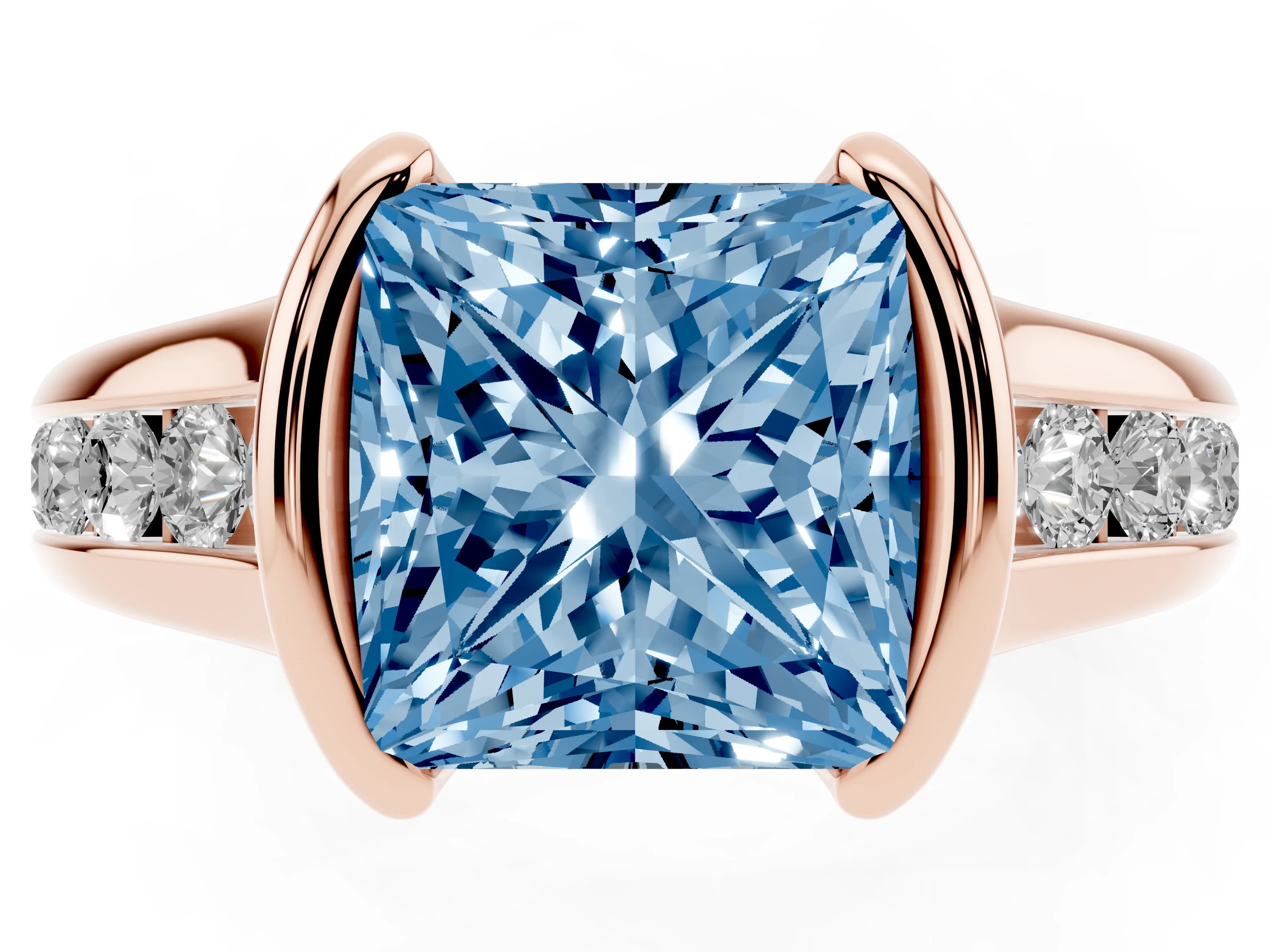 Fancy Blue Princess Cut Diamond Bezel-Set Solitaire Ring Set in Rose gold with Channel-Set Band