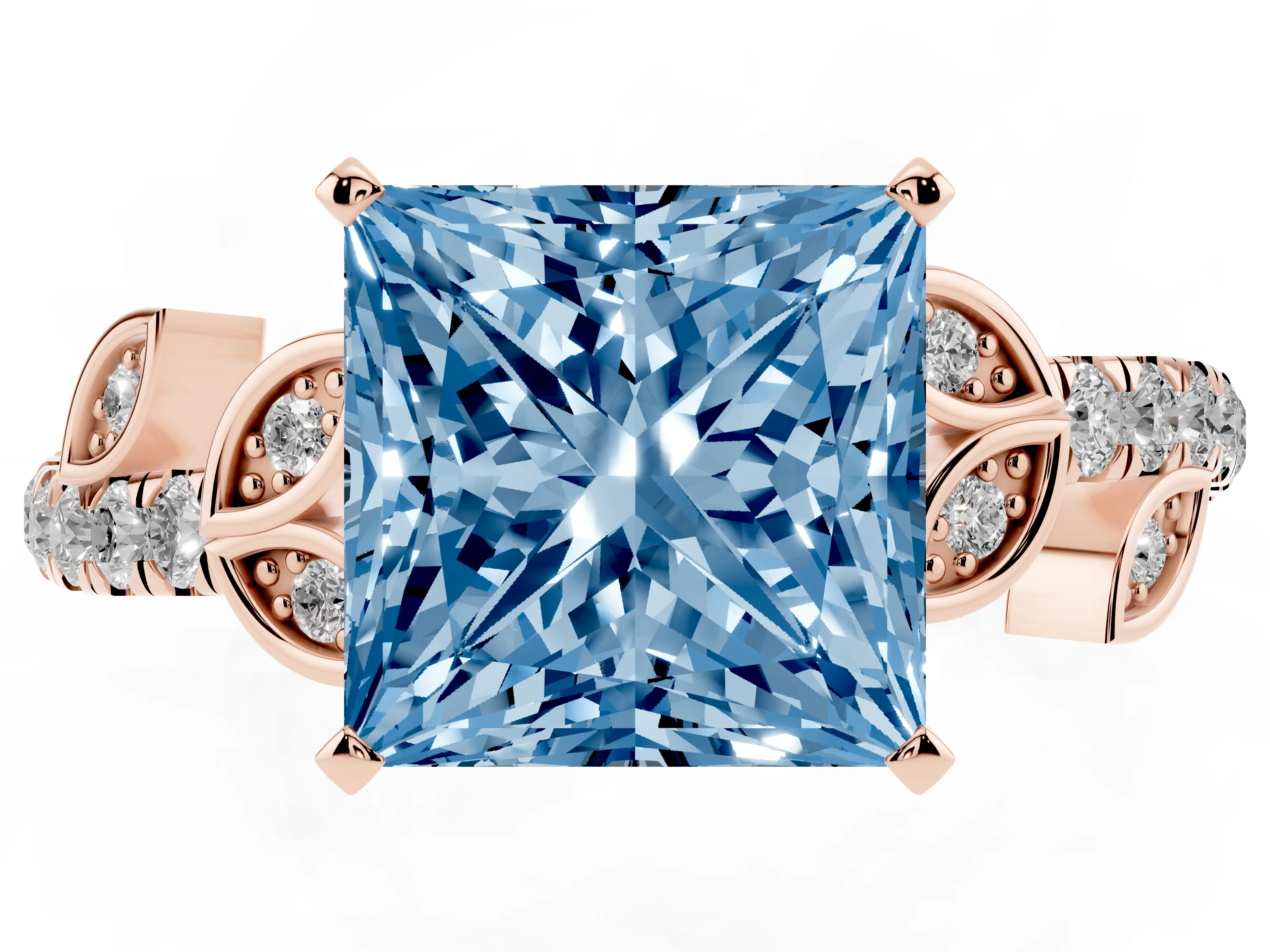 Fancy Blue Princess Cut Diamond Solitaire Leaf-Inspired Ring Set in Rose gold with Pavé Band and Prong Setting
