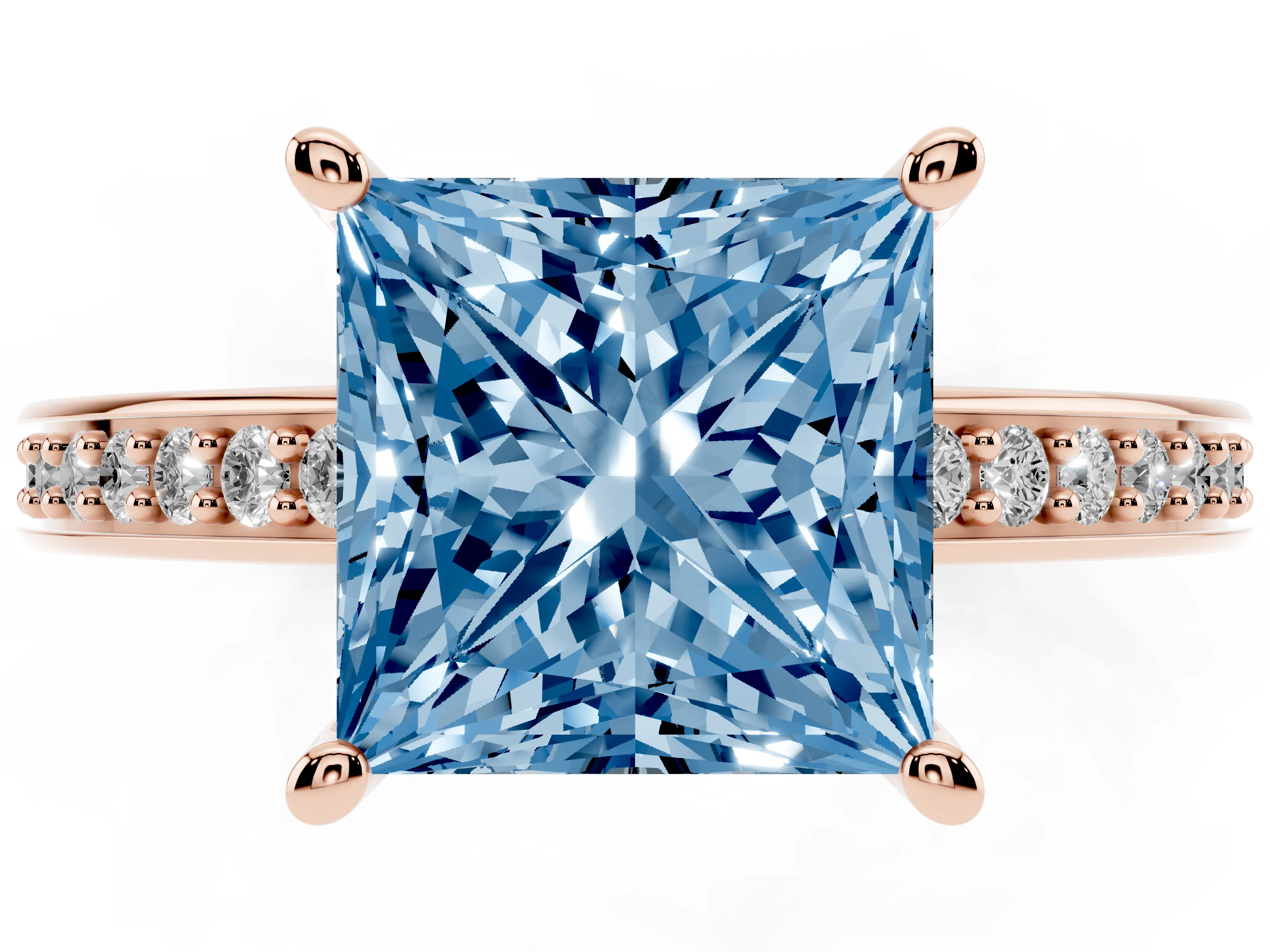 Fancy Blue Princess Cut Diamond Pavé Band Prong Set Solitaire Ring Set in Rose gold