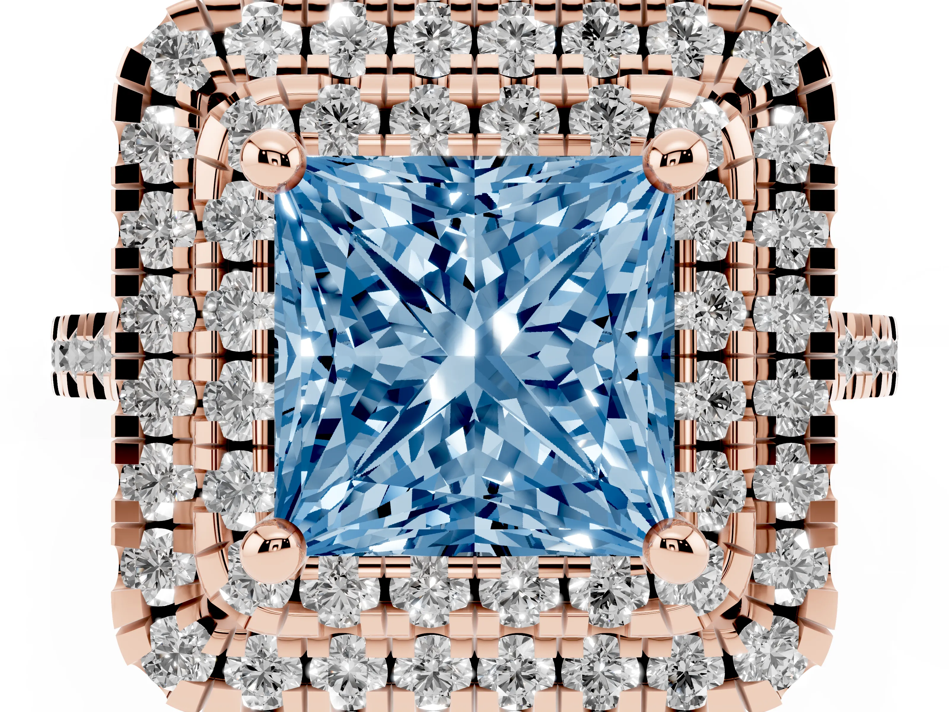 Fancy Blue Princess Cut Diamond Double Halo Statement Ring Set in Rose gold with Pavé Band