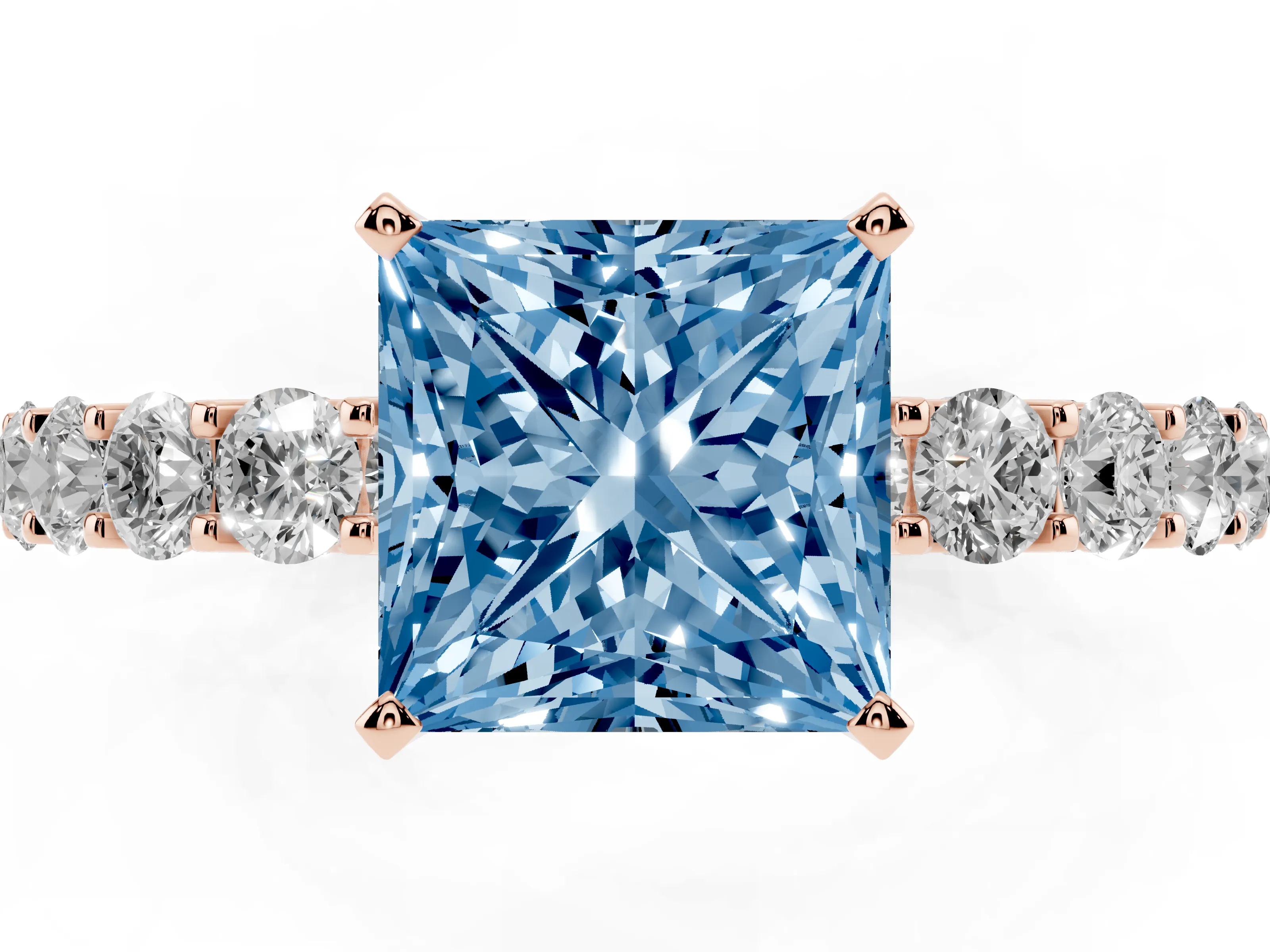 Fancy Blue Princess Cut Diamond Solitaire Ring Set in Rose gold with Shared Prong Pavé Band