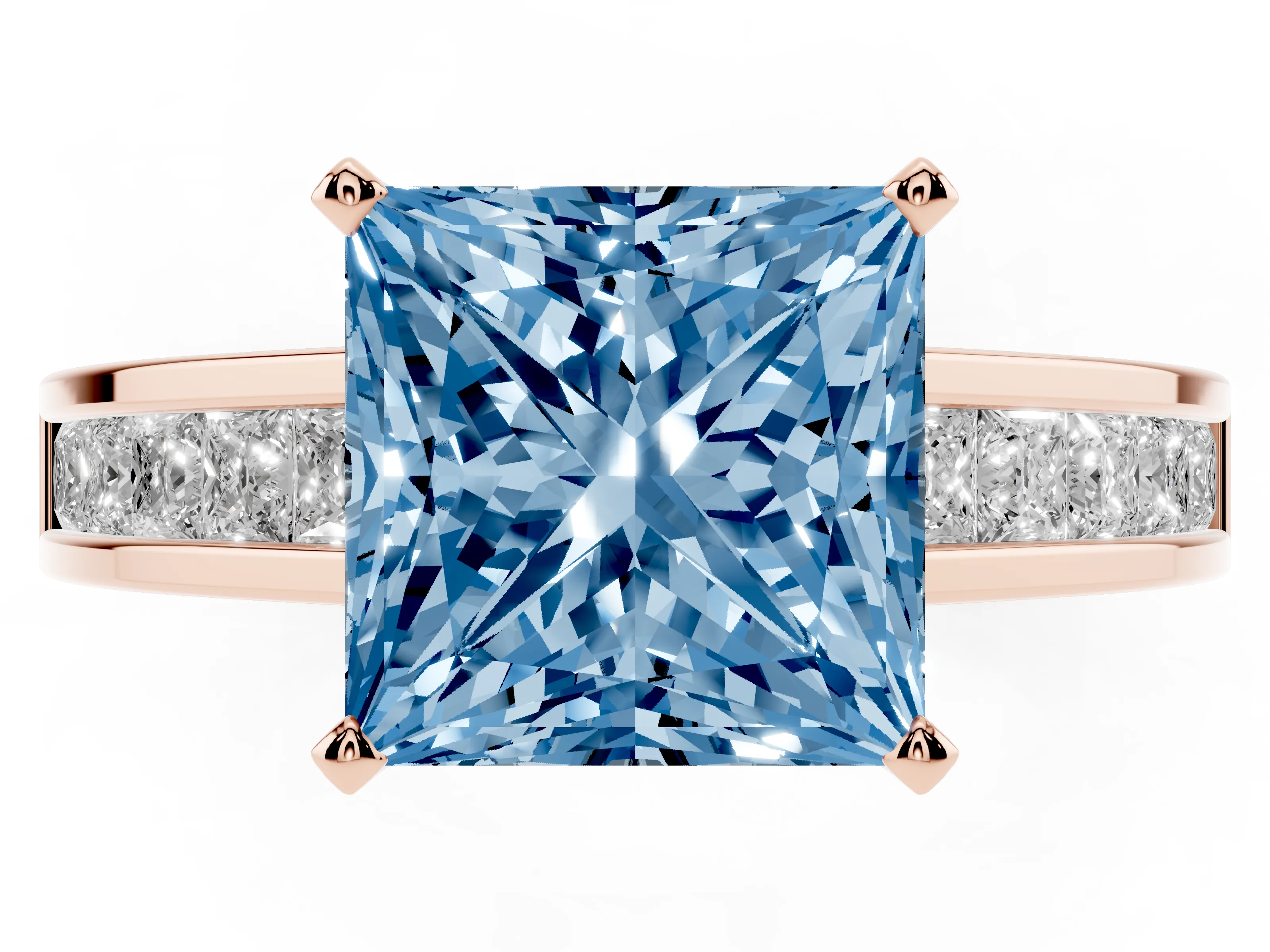 Fancy Blue Princess Cut Diamond Solitaire Ring Set in Rose gold with Channel-Set Band and Prong Setting