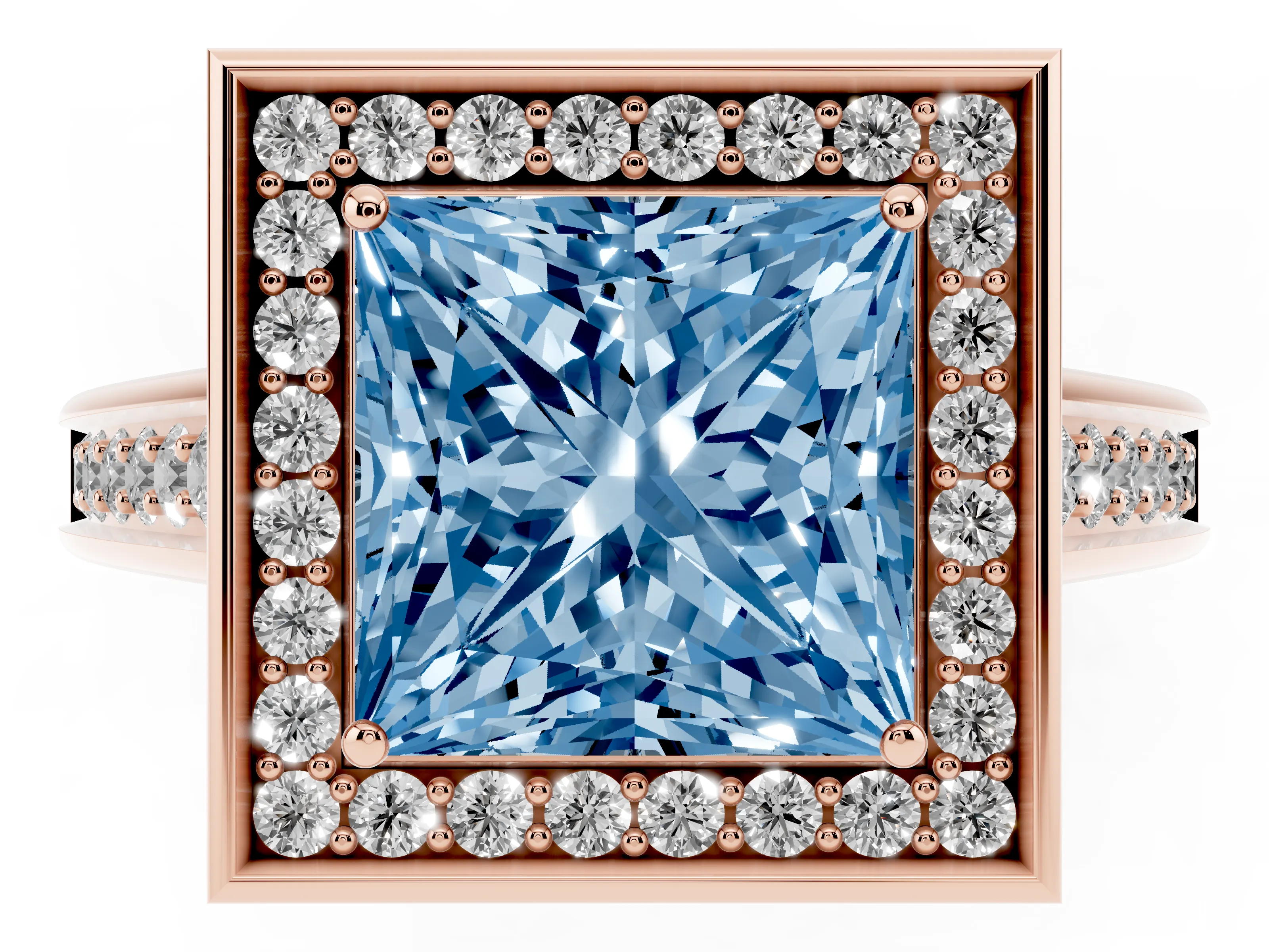 Fancy Blue Princess Cut Diamond Halo Solitaire Ring Set in Rose gold with Pavé Band and Bezel Setting