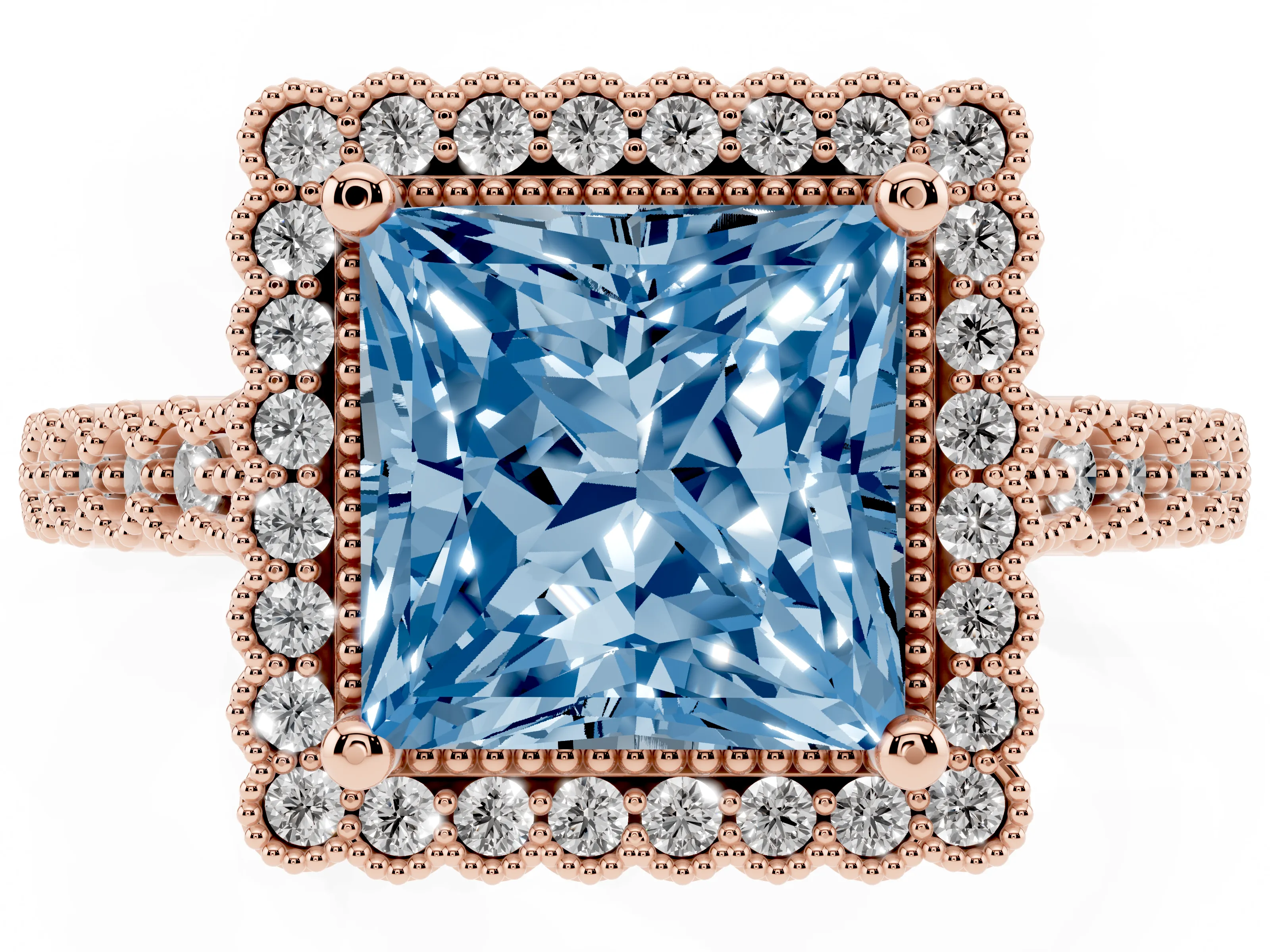 Fancy Blue Princess Cut Diamond Halo Ring Set in Rose gold with Pavé Milgrain Band