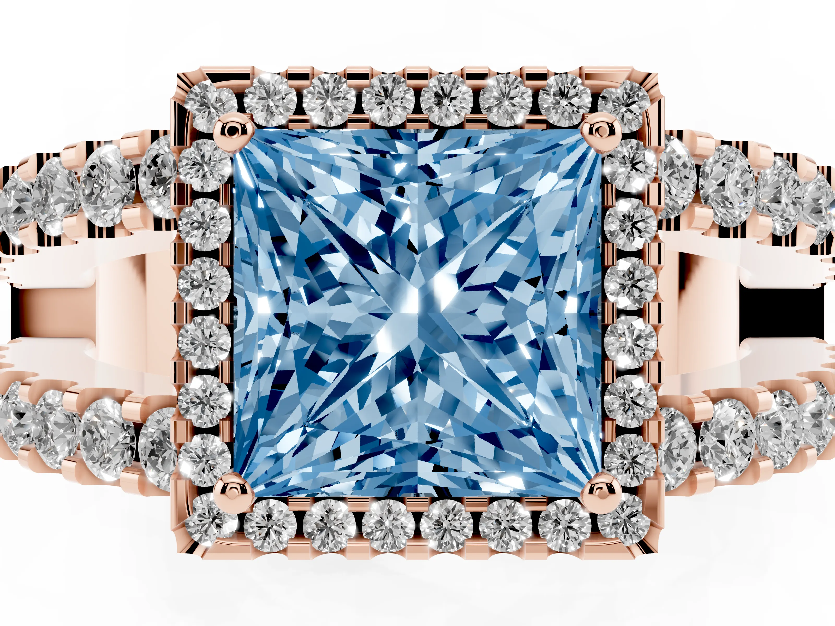 Fancy Blue Princess Cut Diamond Halo Ring Set in Rose gold with Pavé Split Shank and Prong Setting