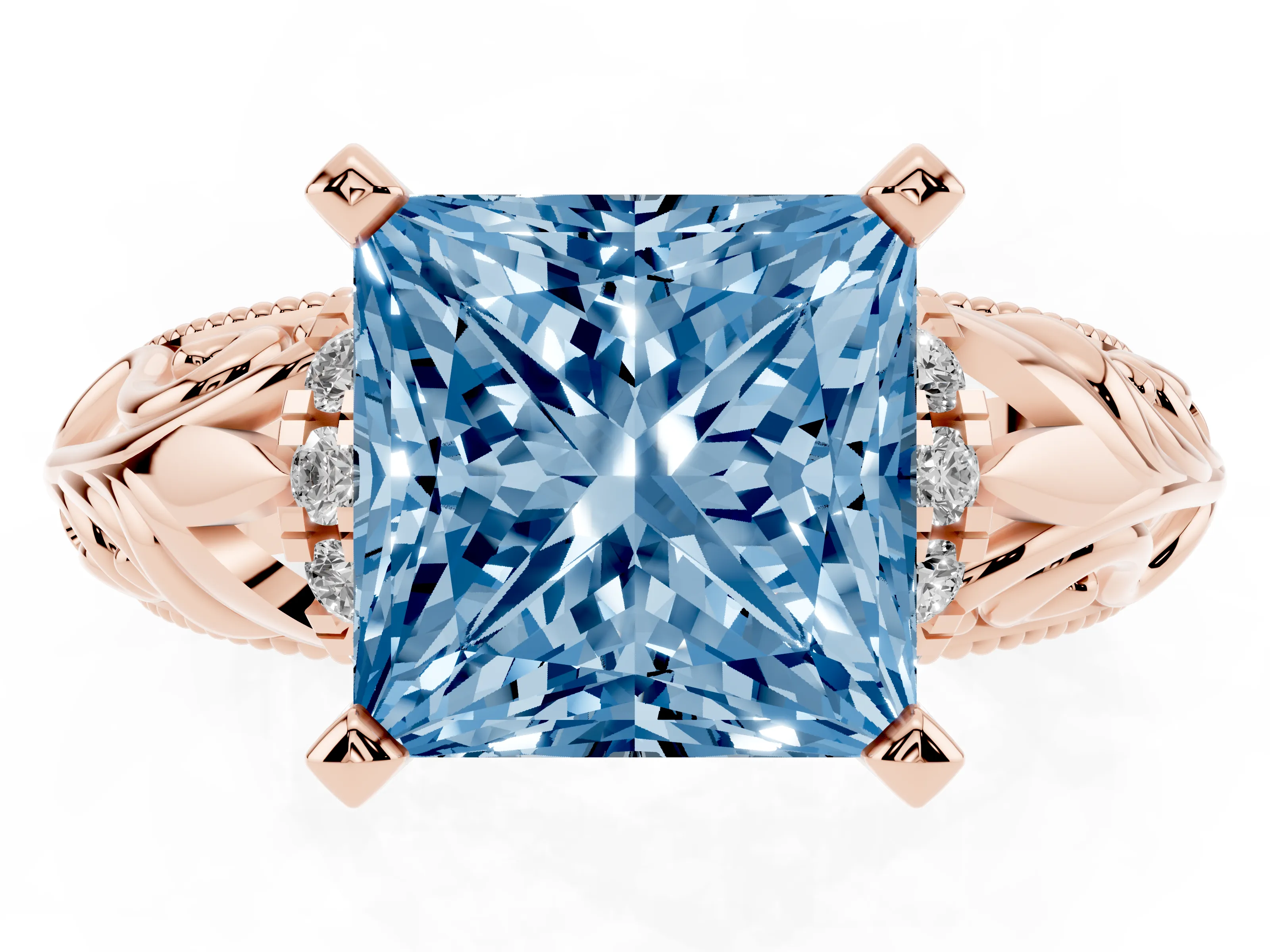Fancy Blue Princess Cut Diamond Filigree Halo Engagement Ring Set in Rose gold with Prong Setting