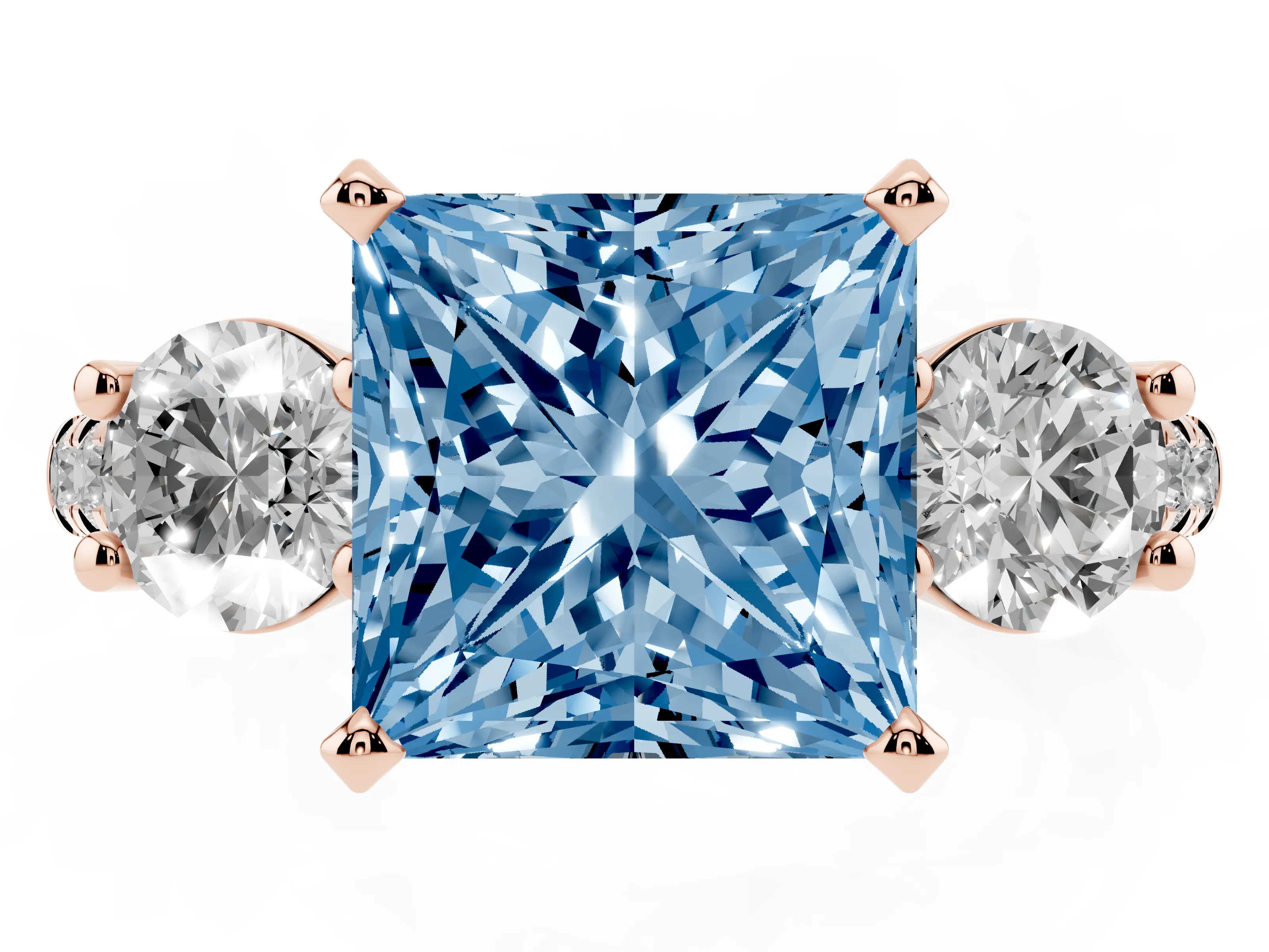 Fancy Blue Three-Stone Princess Cut Diamond Pavé Band Ring Set in Rose gold with Prong-Set Trio