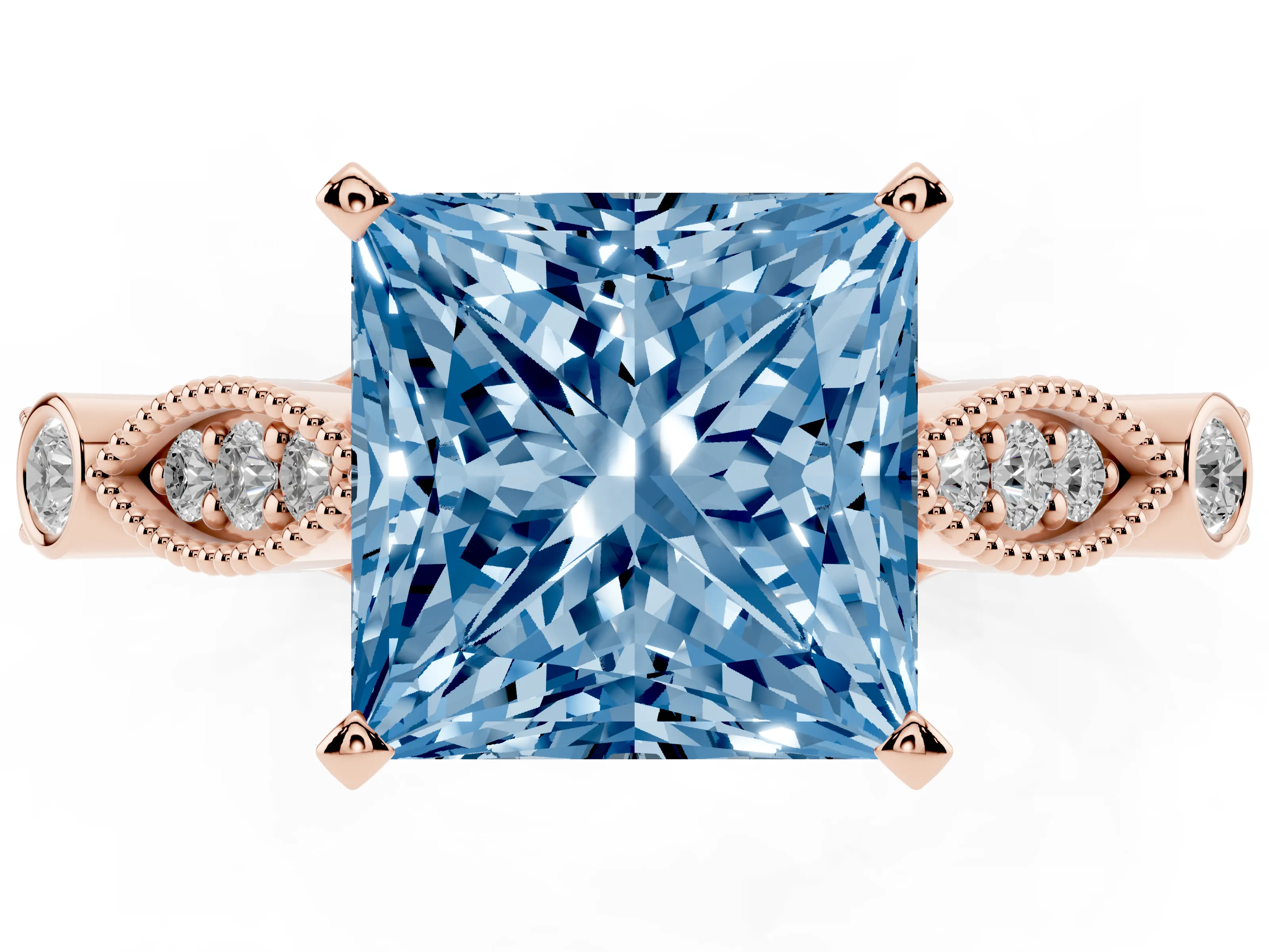Fancy Blue Princess Cut Diamond Solitaire Ring Set in Rose gold with Milgrain Marquise and Bezel Accents