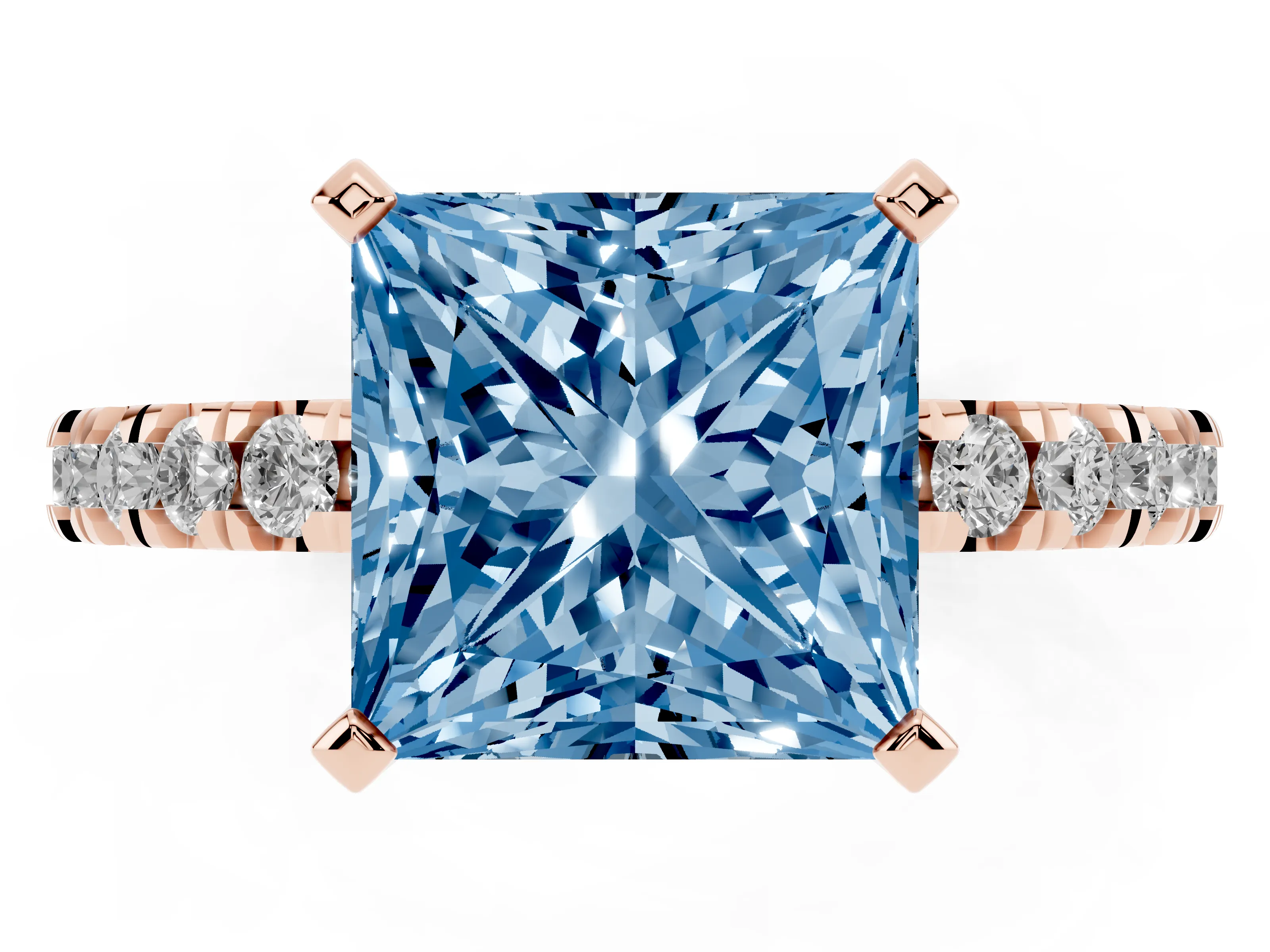 Fancy Blue Princess Cut Diamond Pavé Band Solitaire Set in Rose gold with Prong Setting