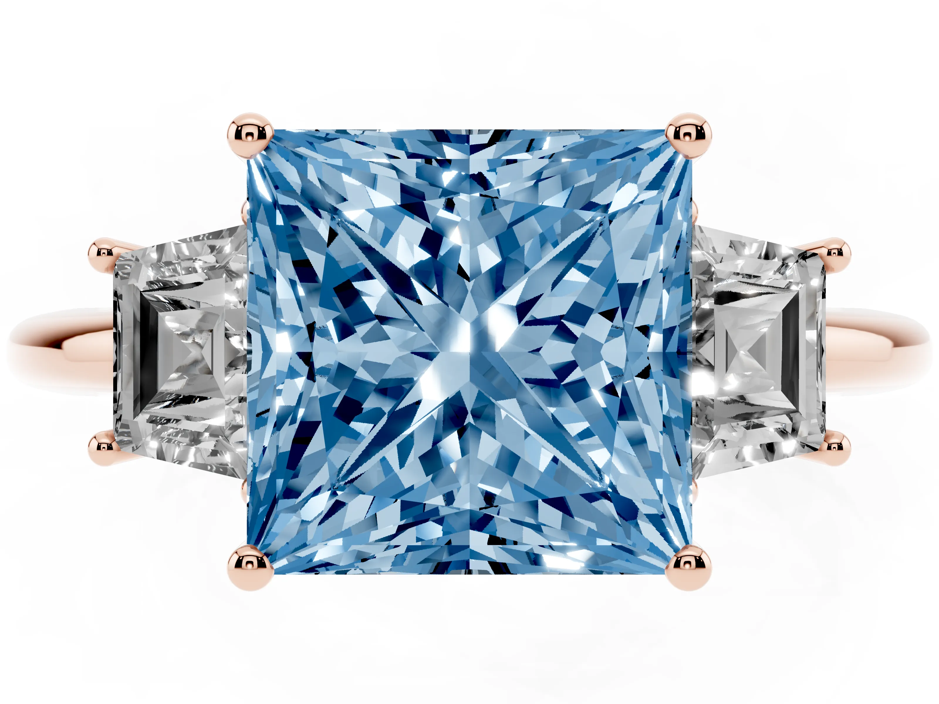 Fancy Blue Princess Cut Diamond Three-Stone Ring Set in Rose gold with Trapezoid Side Stones and Prong Setting