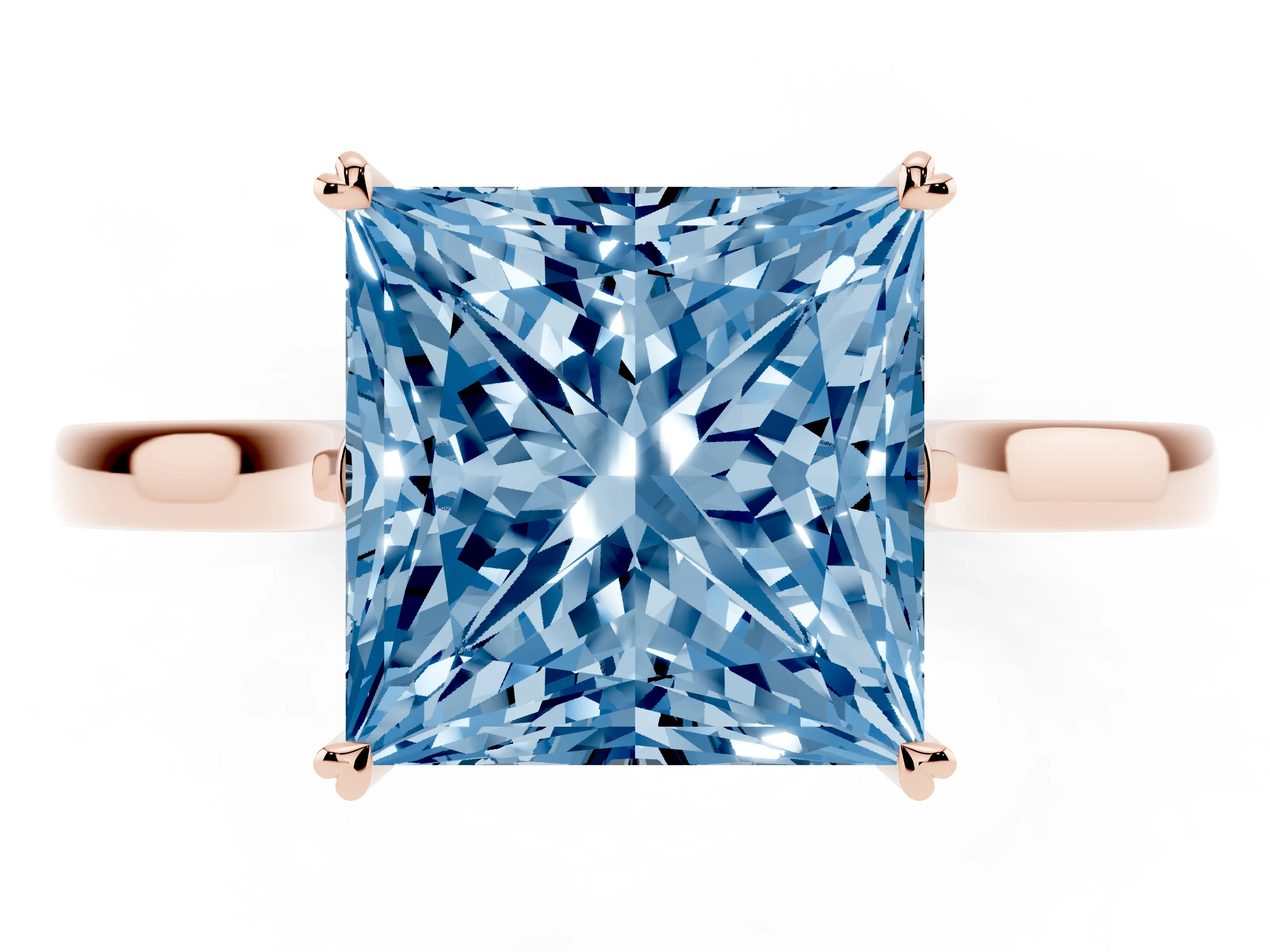 Fancy Blue Princess Cut Diamond Solitaire Heart Prong Engagement Ring Set in Rose gold with Tapered Band