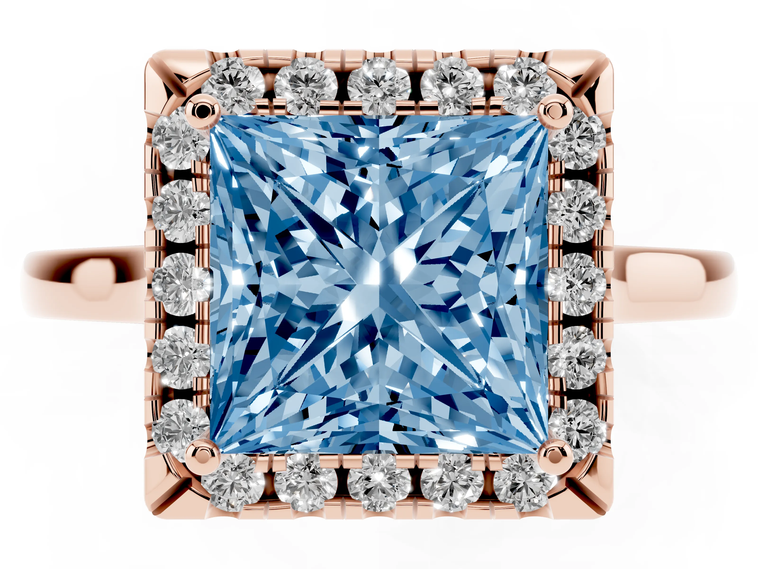Fancy Blue Princess Cut Halo Round Diamond Solitaire Ring Set in Rose gold with Pavé Band and Prong Setting