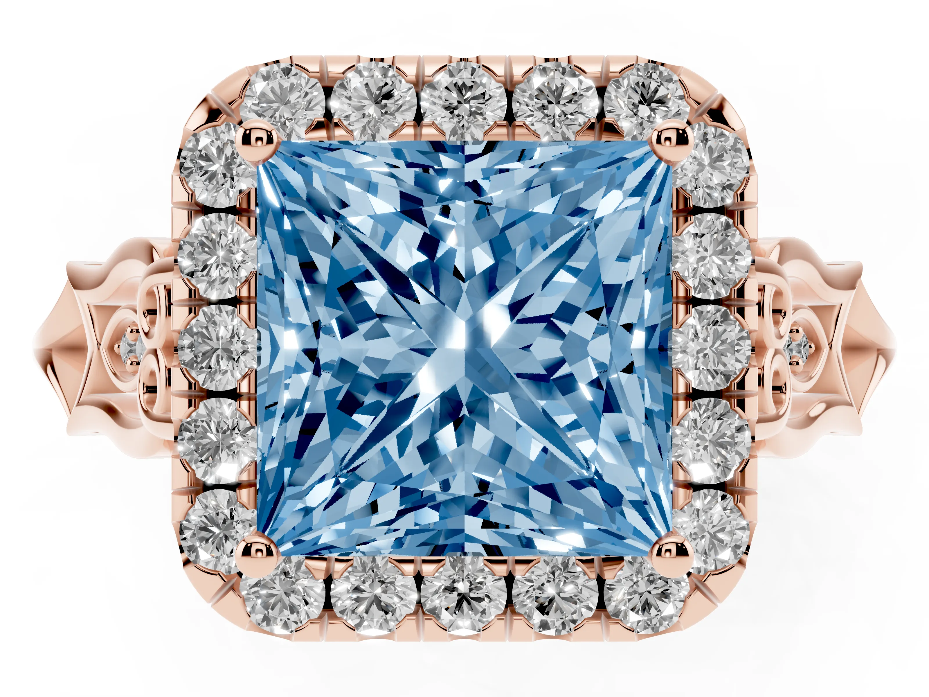 Fancy Blue Princess Cut Diamond Halo Engagement Ring Set in Rose gold with Filigree Band and Prong-Set Center