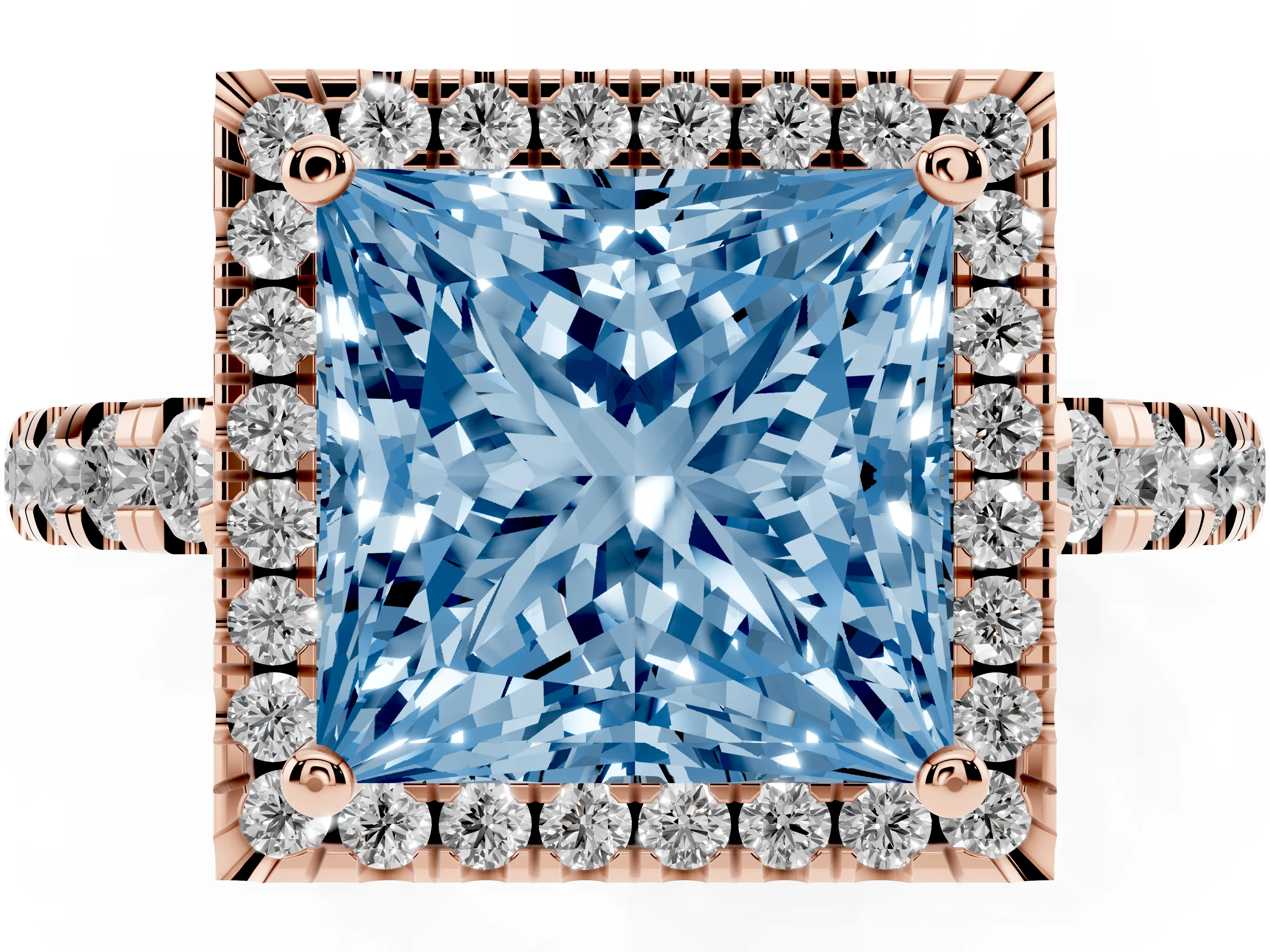 Fancy Blue Princess Cut Diamond Halo Ring Set in Rose gold with Delicate Pavé Band and Prong Setting