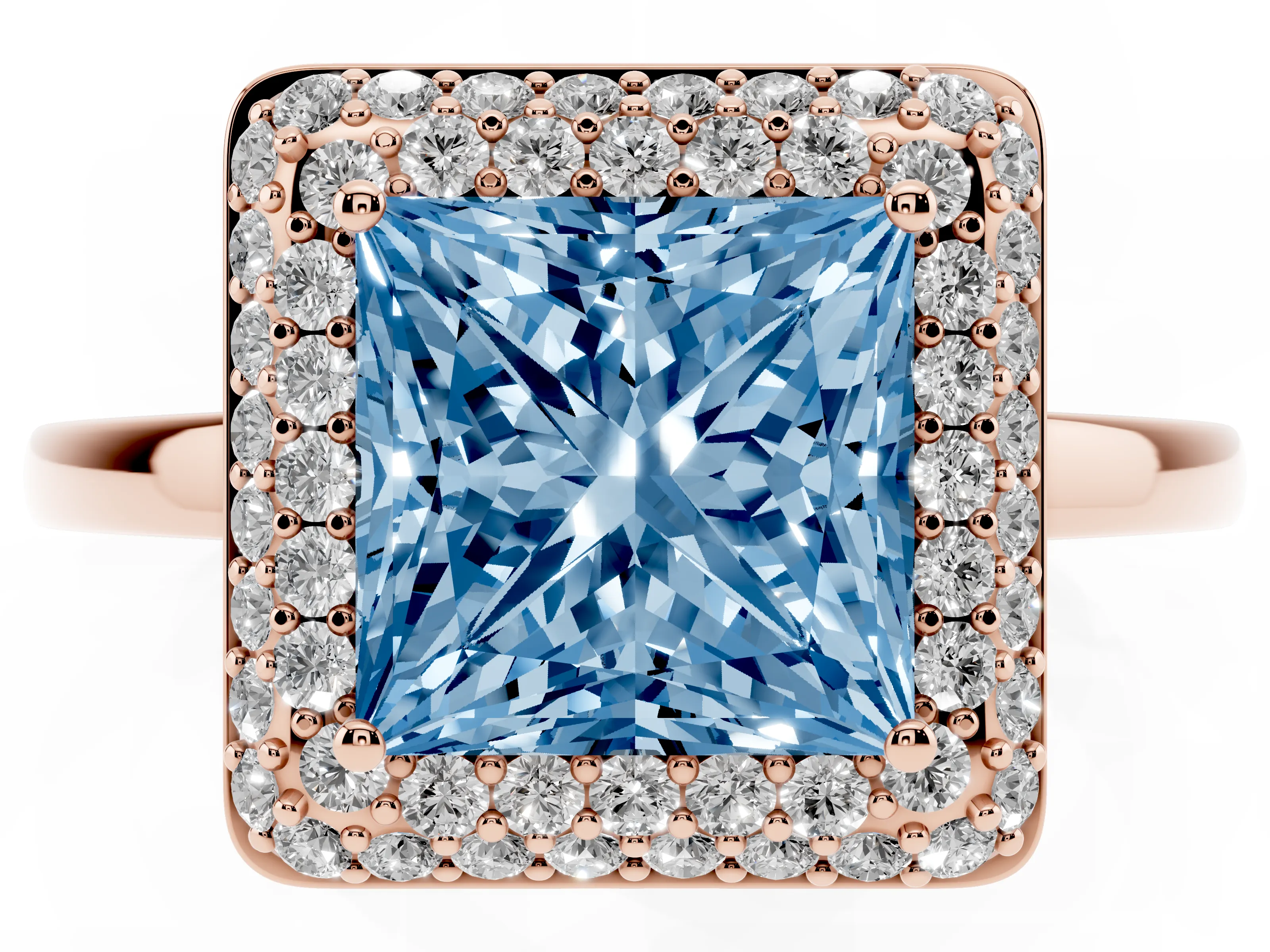 Fancy Blue Princess Cut Diamond Halo Engagement Ring Set in Rose gold with Solitaire Band and Prong Setting