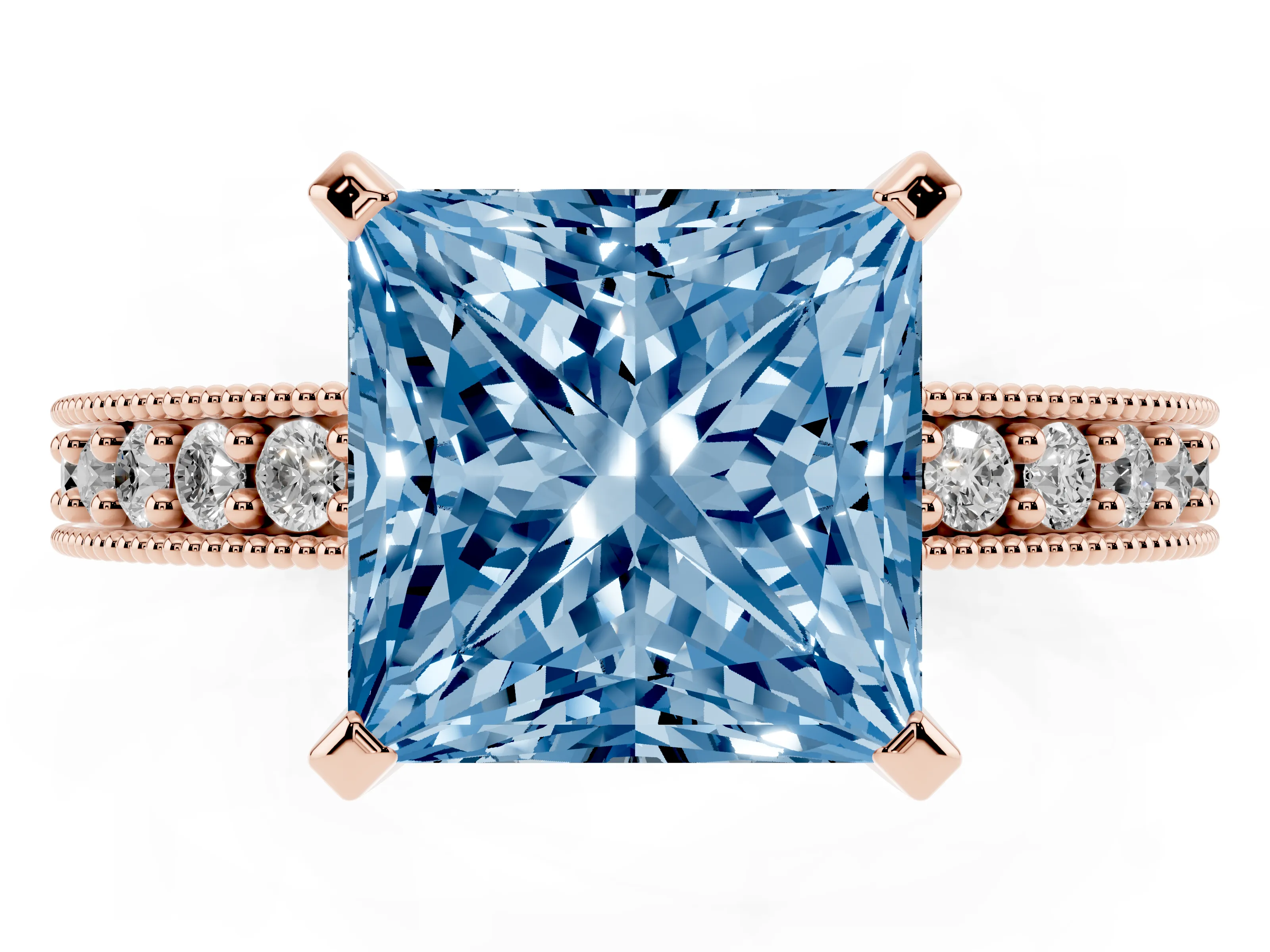 Fancy Blue Princess Cut Diamond Milgrain Pavé Engagement Ring Set in Rose gold with Prong Setting