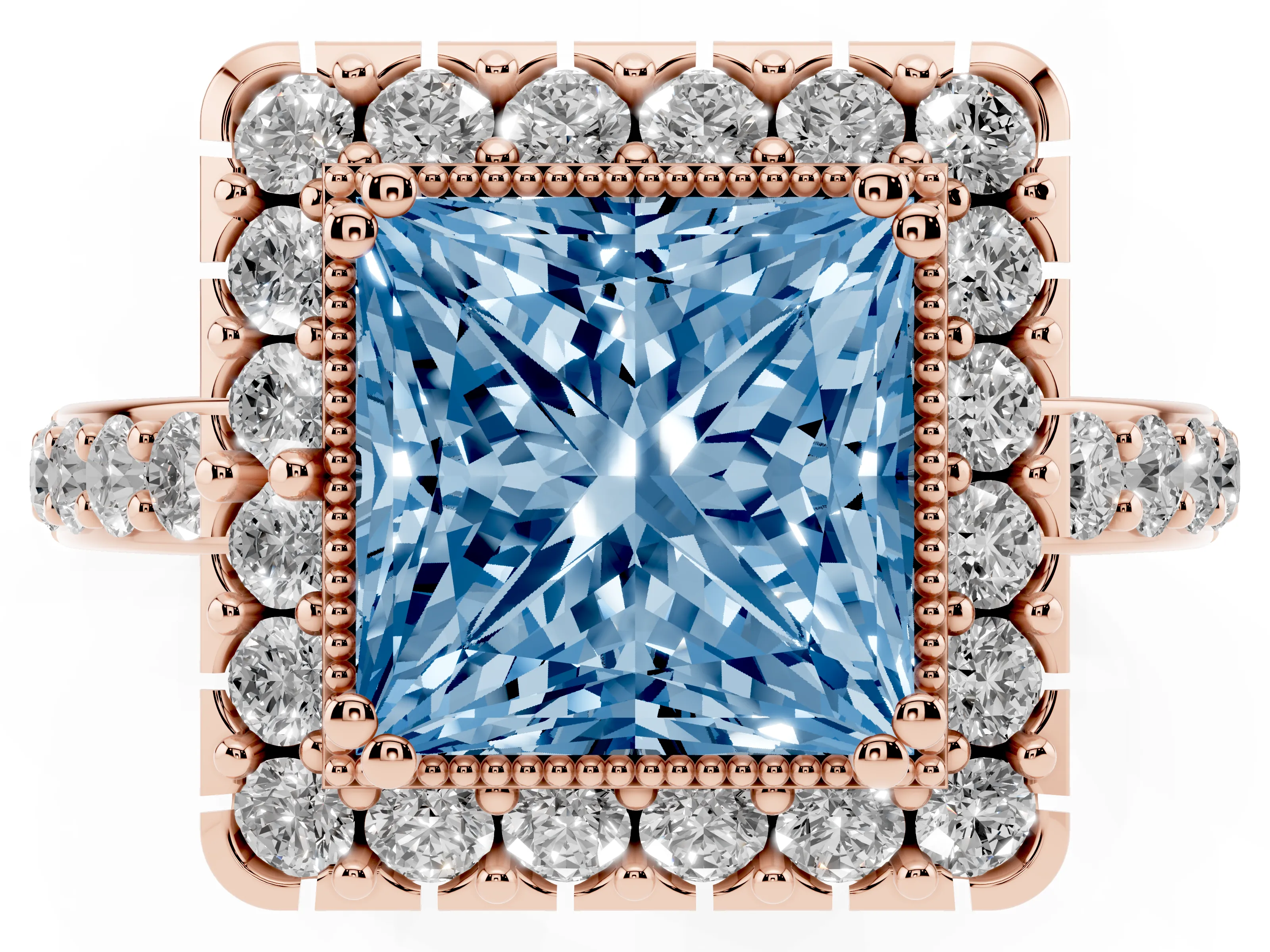 Fancy Blue Princess Cut Diamond Halo Ring Set in Rose gold with Pavé Shank and Prong Setting