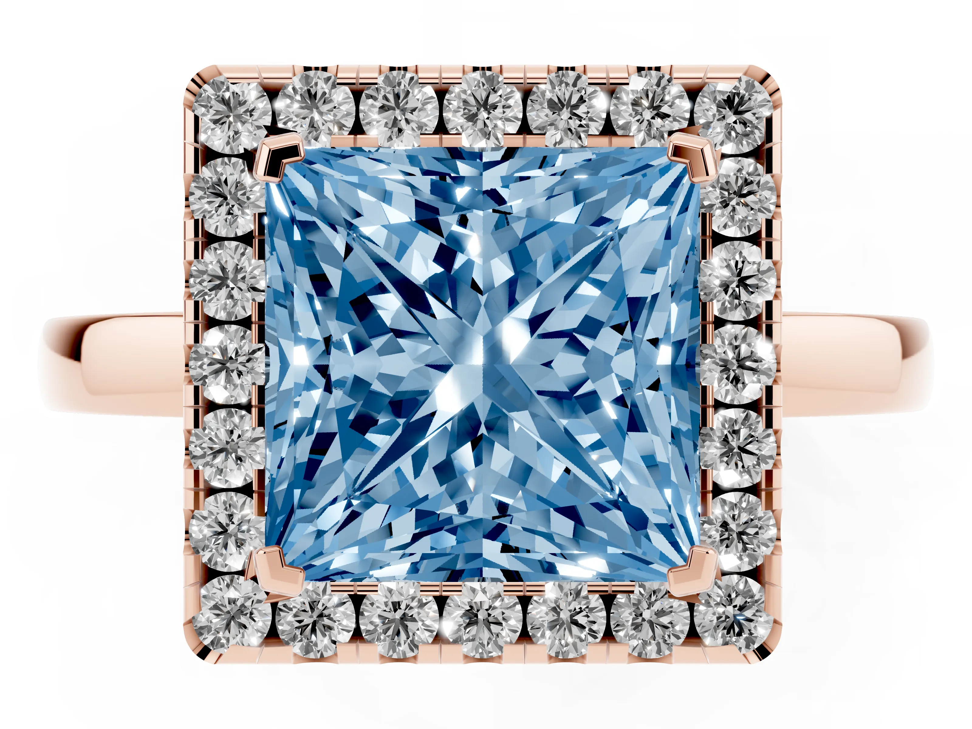 Fancy Blue Princess Cut Diamond Halo Solitaire Ring Set in Rose gold with Pavé Band and Prong Setting