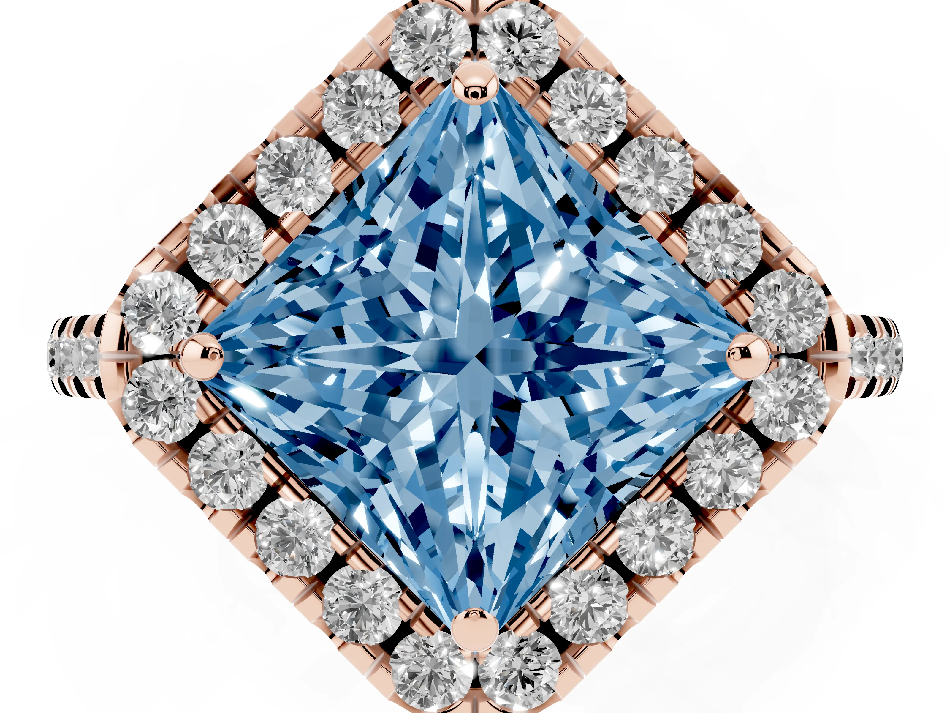 Fancy Blue Princess Cut Diamond Cushion Halo Ring Set in Rose gold with Pavé Band