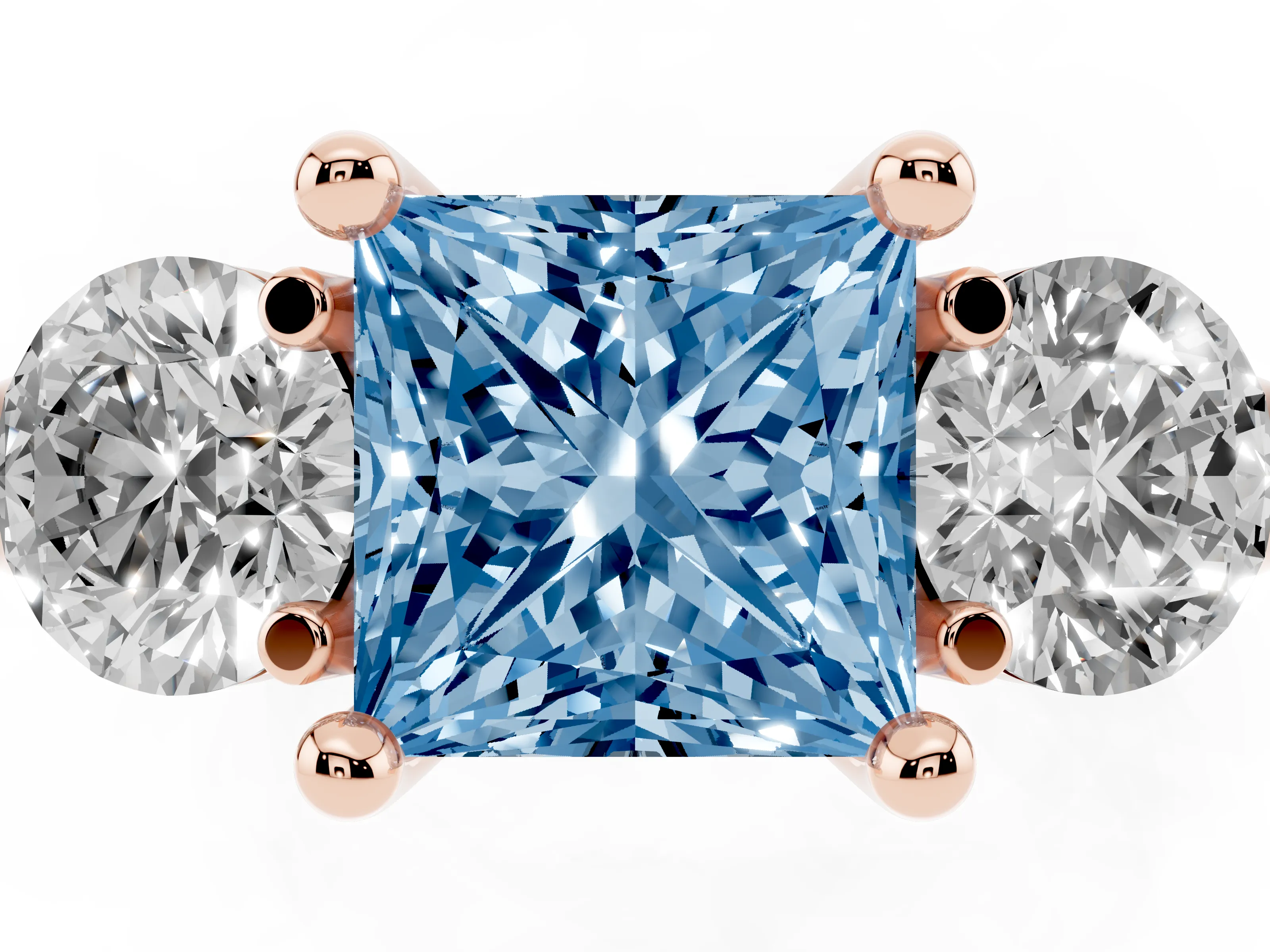 Fancy Blue Princess Cut Diamond Three-Stone Ring Set in Rose gold with Prong Setting and Classic Band